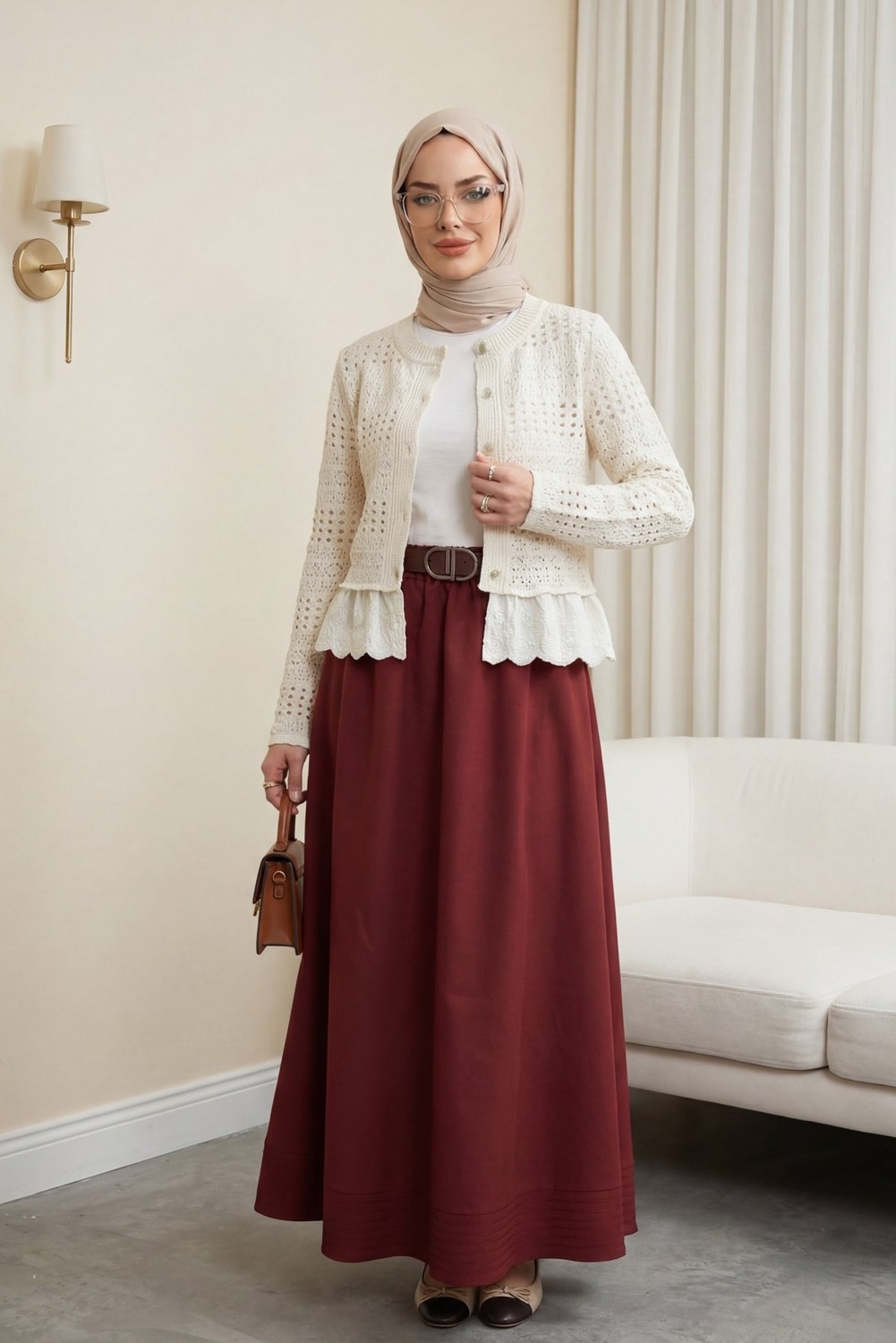 Moda Morfo Etek Ucu Dikiş Detaylı Beli Lastikli Astarlı İthal Soft Gabardin Etek -Bordo görsel 6