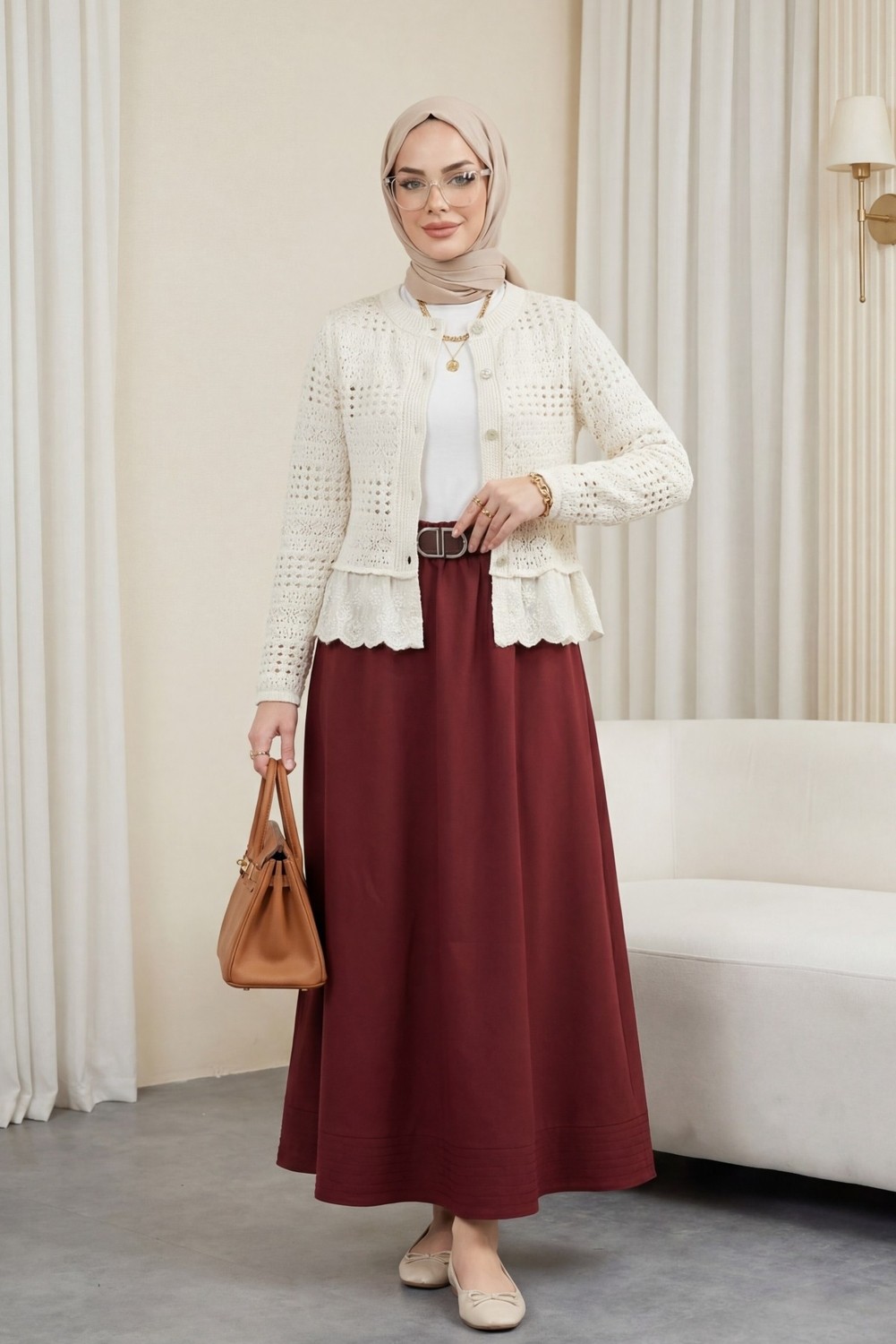 Moda Morfo Eteği Fırfırlı Ajurlu Düğmeli Hırka -Ekru görsel 3