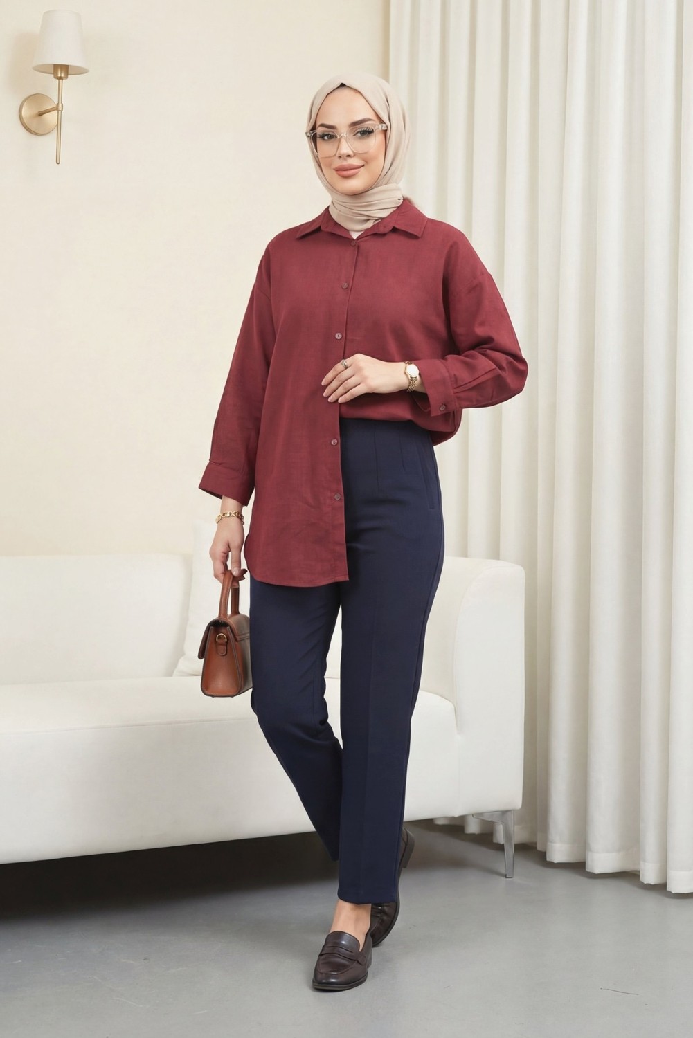 Moda Morfo Düğmeli Keten Gömlek -Bordo görsel 2