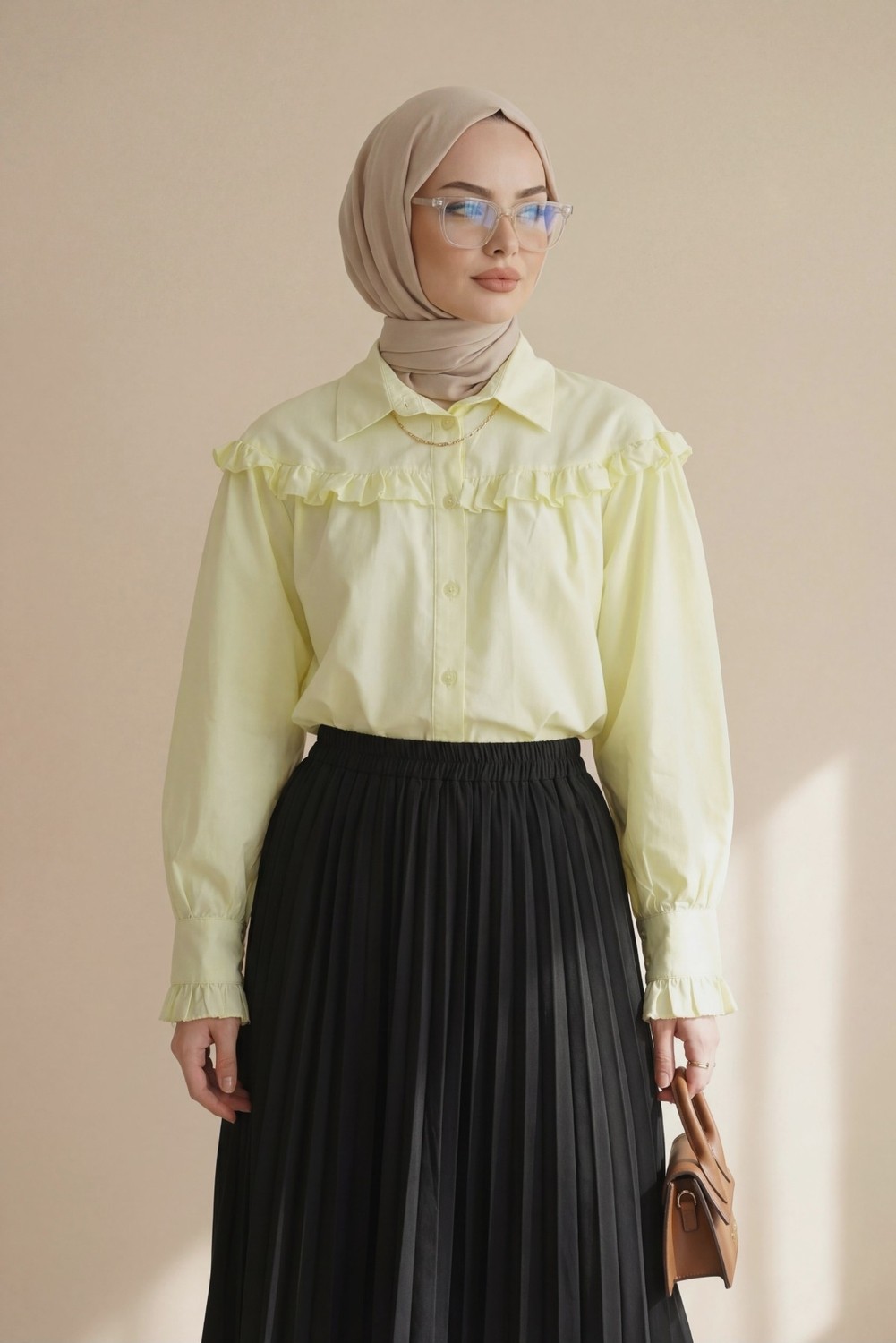 Moda Morfo Fırfır Detaylı Düğmeli Kısa Gömlek -Sarı görsel 2