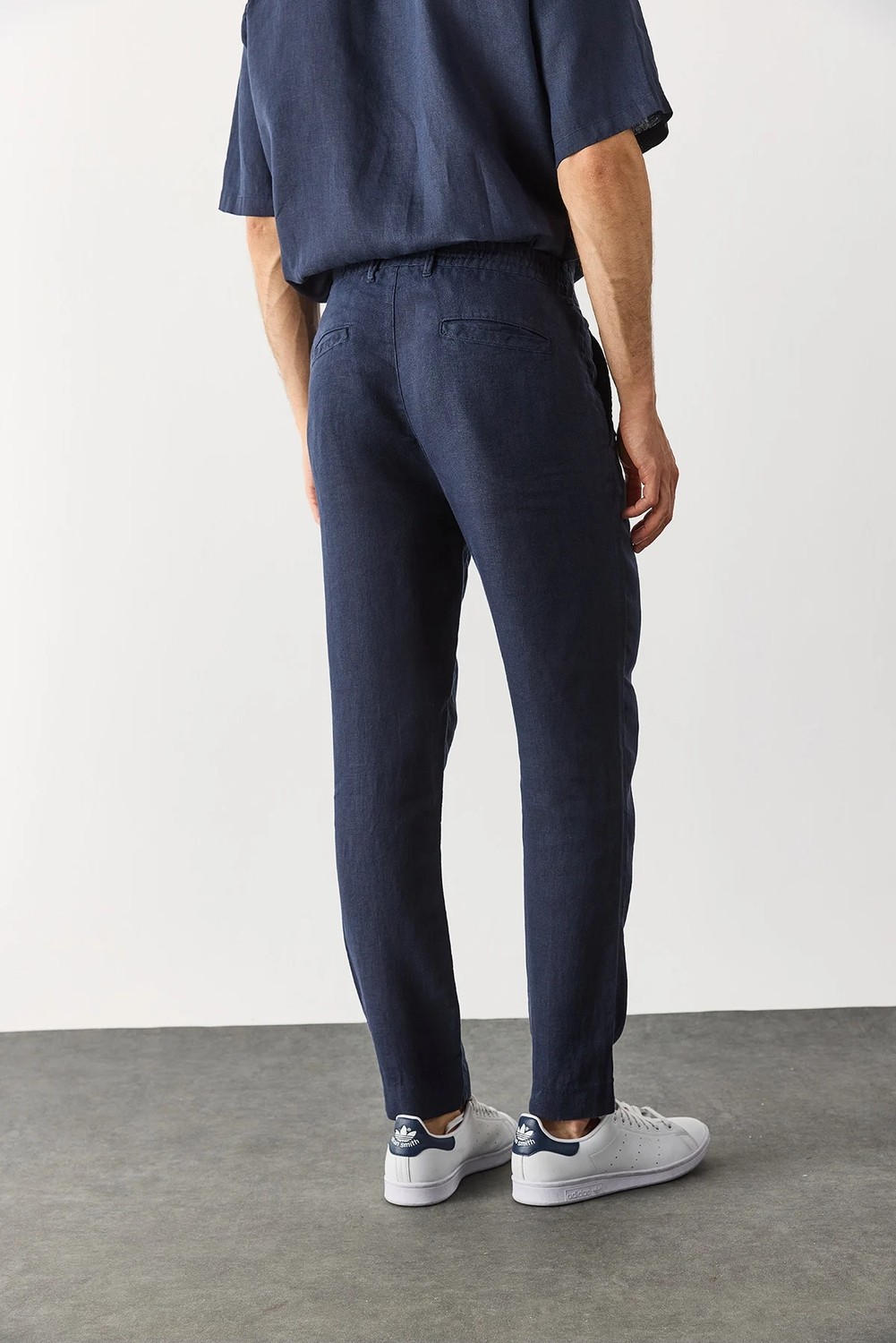 Vena Ken Beli Lastikli Keten Chino Pantolon-Lacivert görsel 8