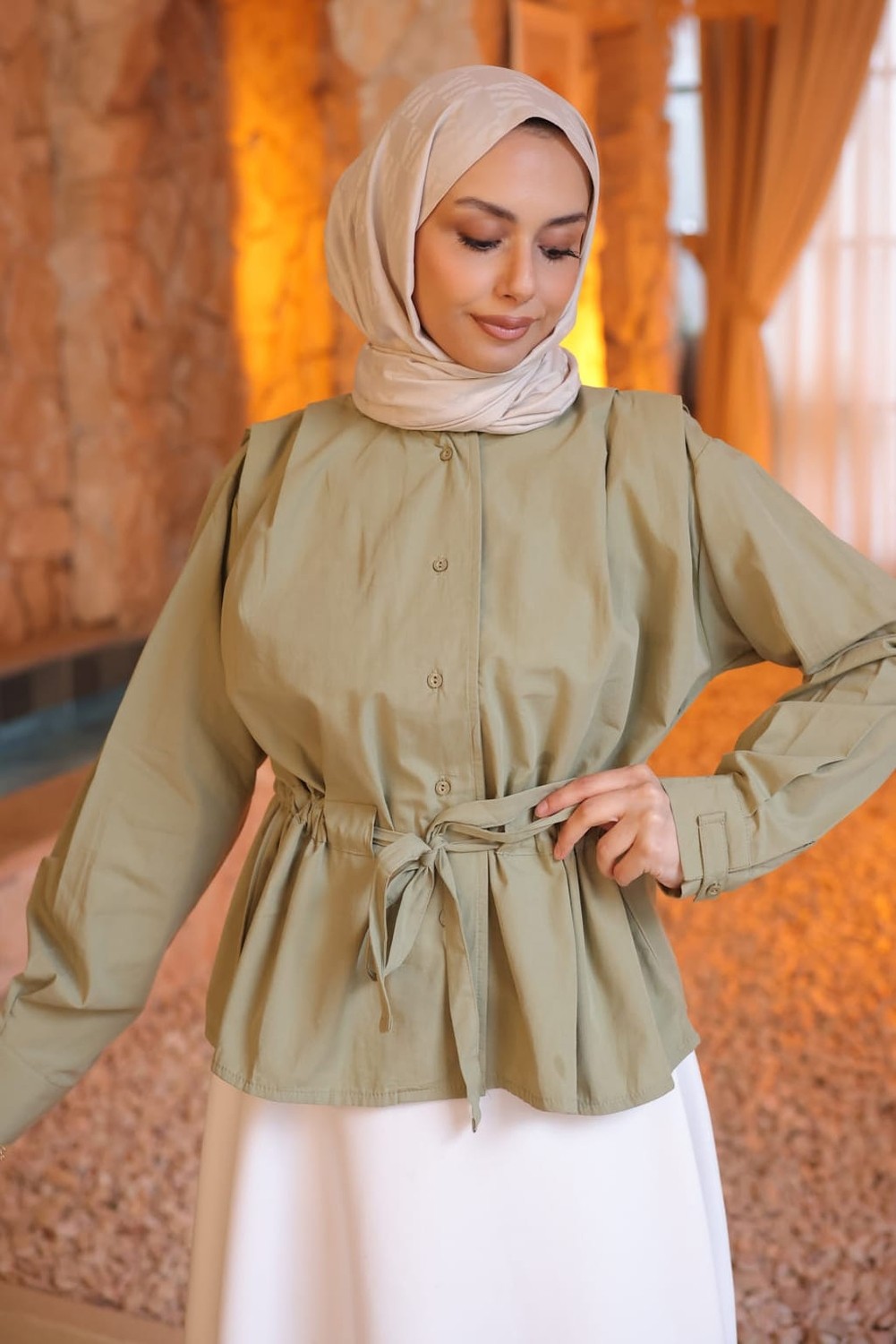 İmaj Butik Lacivert Bel Büzgülü Omzu Pile Detaylı Gömlek