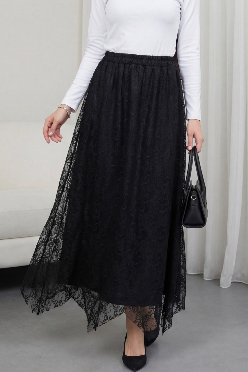 Moda Morfo Asimetrik Kesim Astarlı Beli Lastikli Tül Etek -İndigo