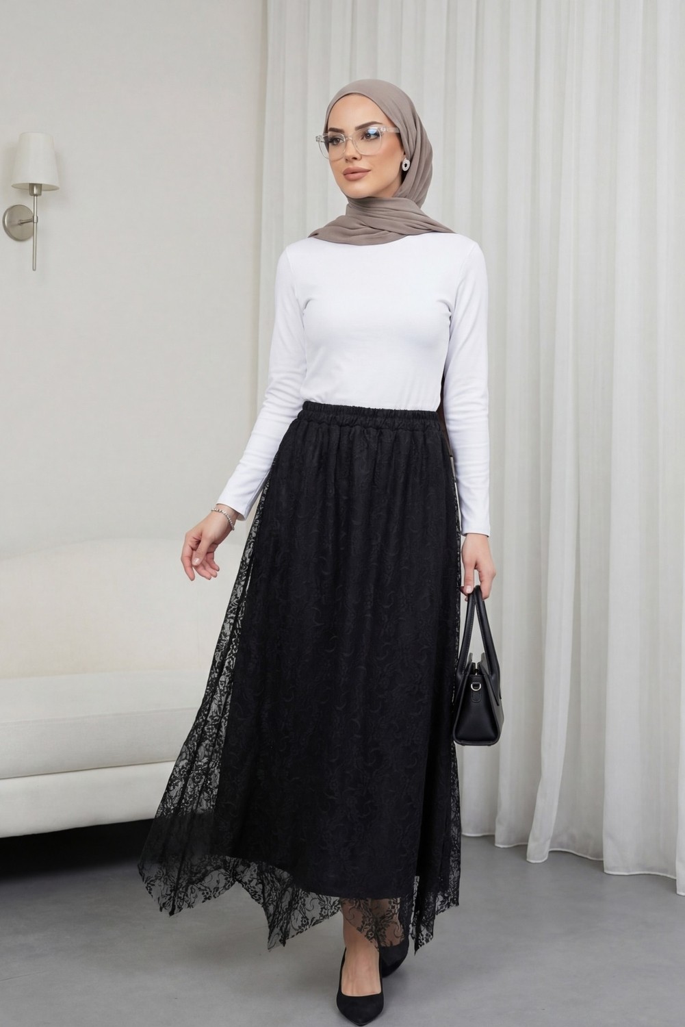 Moda Morfo Asimetrik Kesim Astarlı Beli Lastikli Tül Etek -İndigo görsel 2