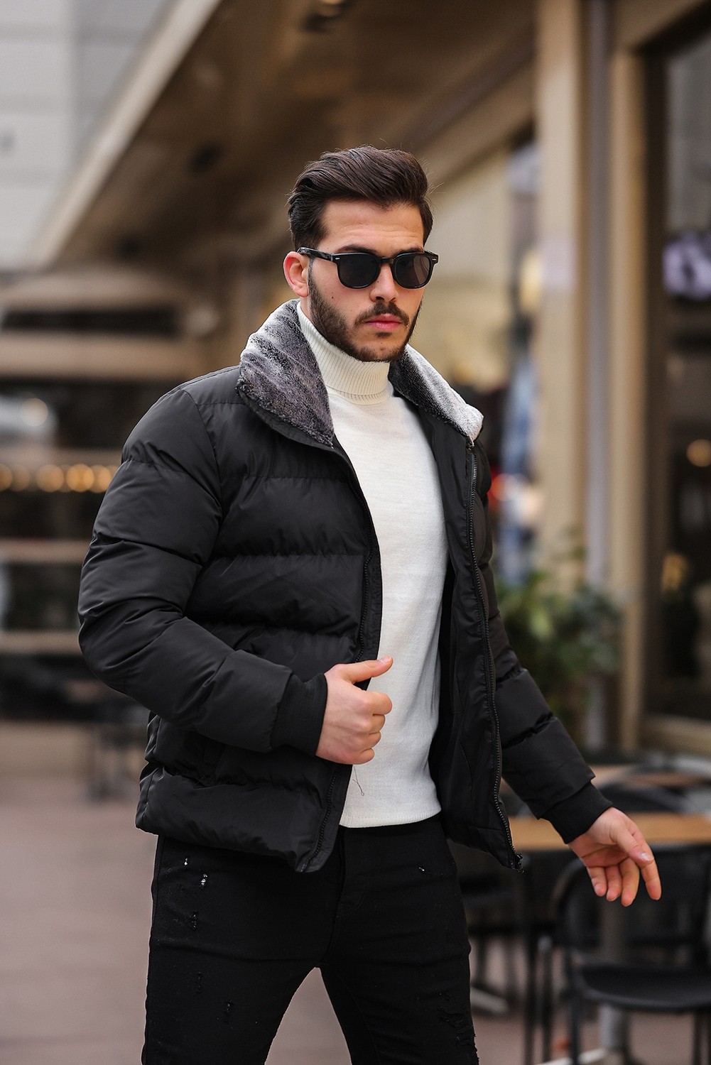 Rowsmen Su Rüzgar Soğuk Geçirmez Peluş Yaka Kürklü Dik Yaka Erkek Şişme Mont Lf görsel 2