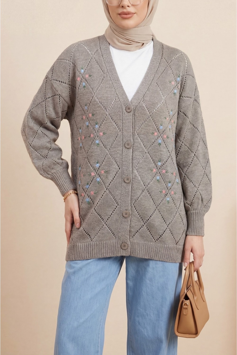 Moda Morfo Ajurlu Çiçek Nakışlı Düğmeli Triko Hırka -Bordo görsel 3