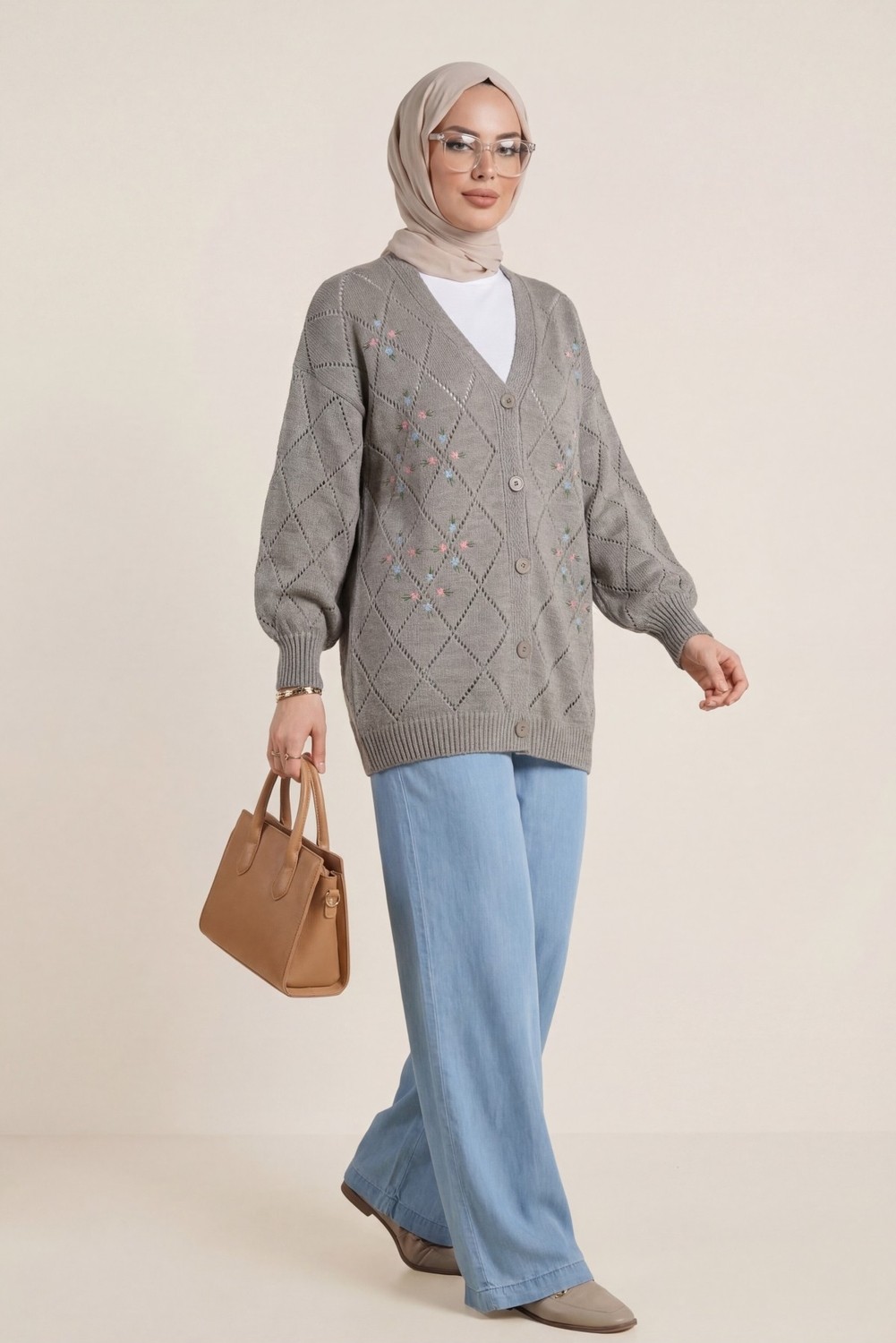 Moda Morfo Ajurlu Çiçek Nakışlı Düğmeli Triko Hırka -Bordo görsel 4