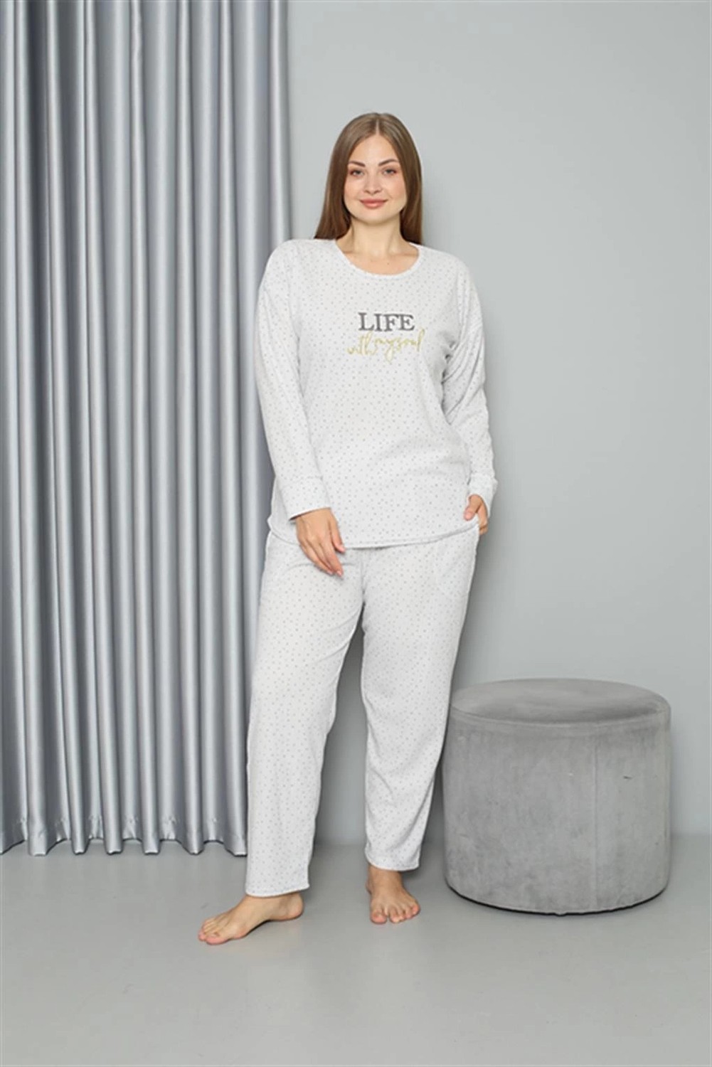 mery Welsoft Polar Kadın Büyük Beden Pijama Takımı Ekru Mery