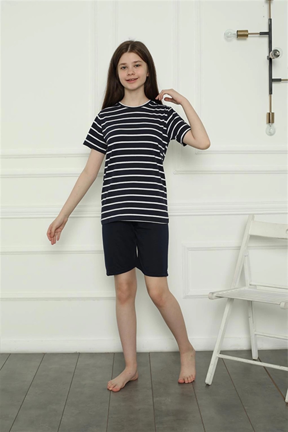 mery Kız Çocuk Penye Şortlu Pijama Takım Lacivert Mery