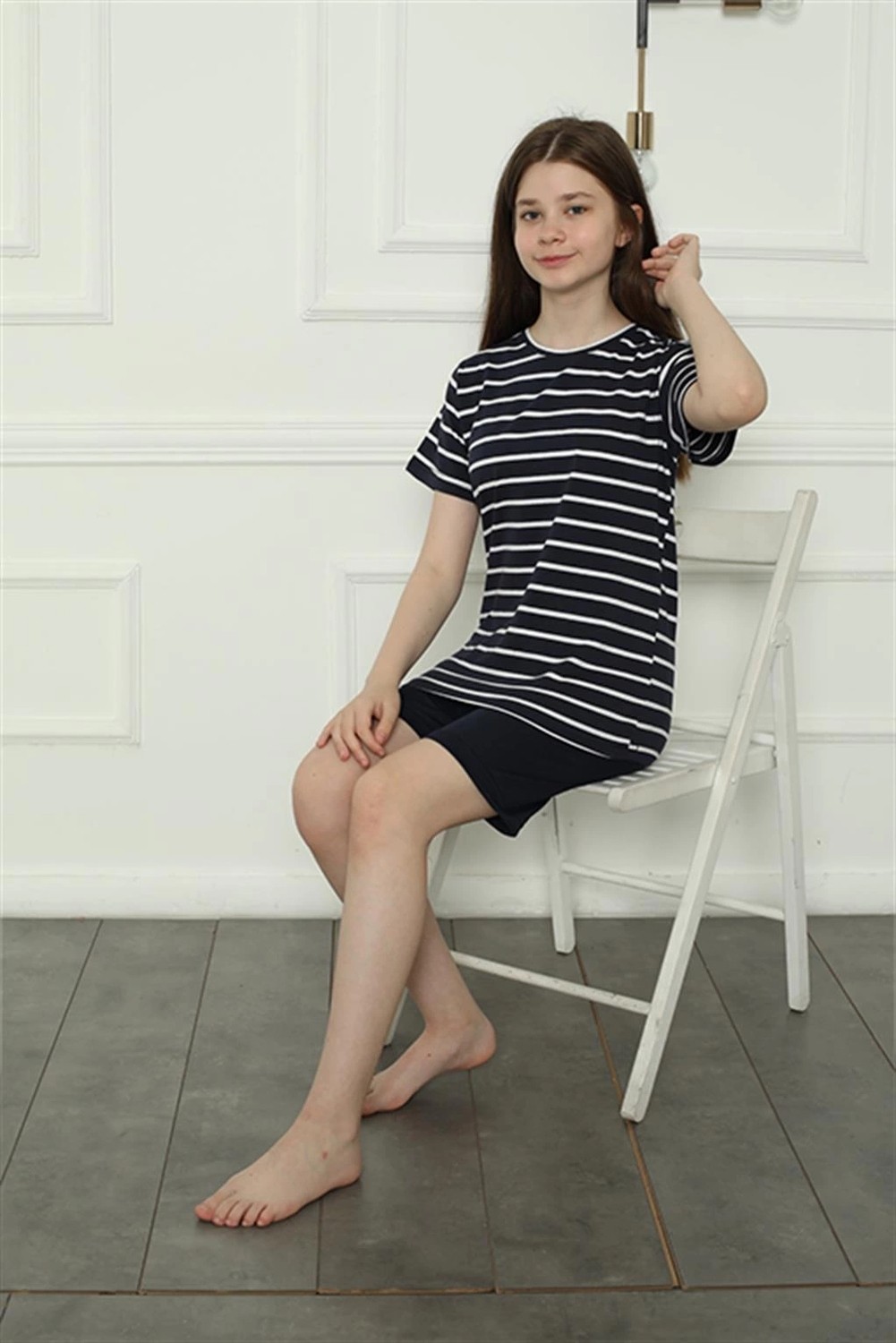mery Kız Çocuk Penye Şortlu Pijama Takım Lacivert Mery görsel 3