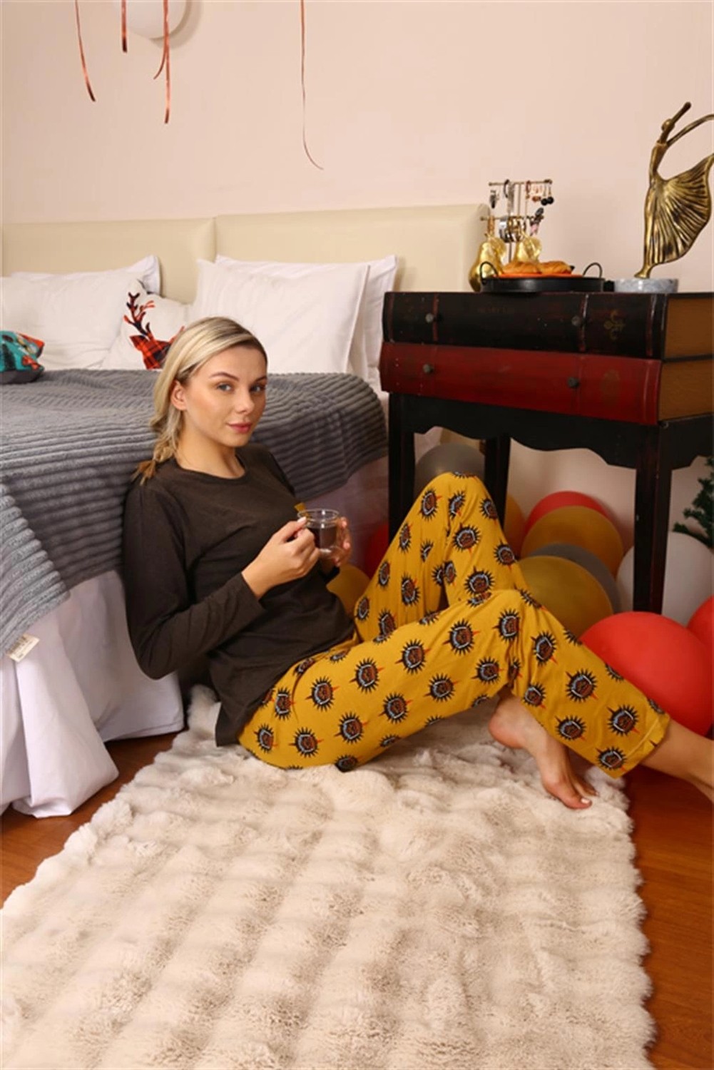 mery Kadın Uzun Kol Penye Pijama Takım Kahve Mery görsel 2