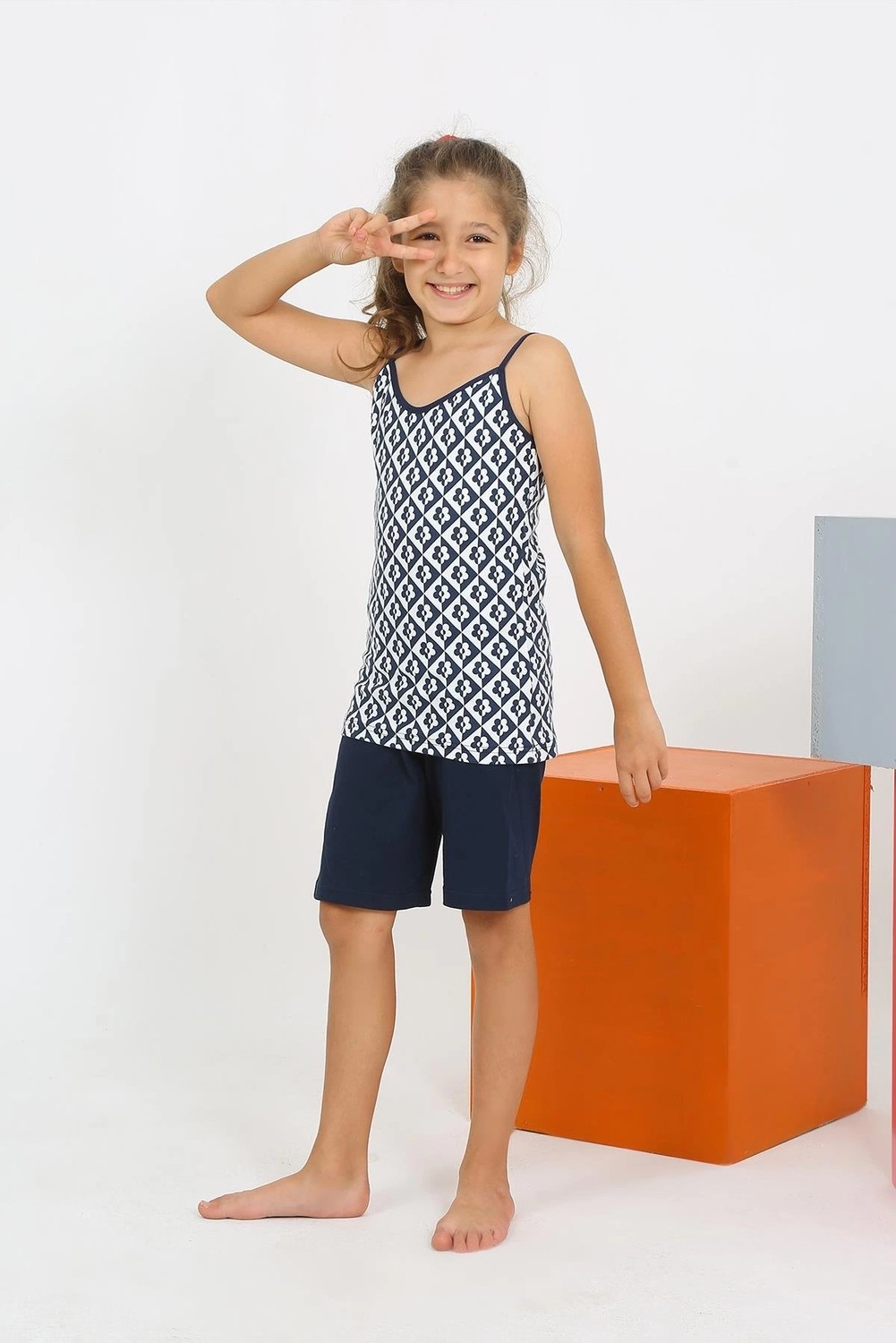 mery Kız Çocuk Ip Askılı Şortlu Penye Lacivert Pijama Takım Mery