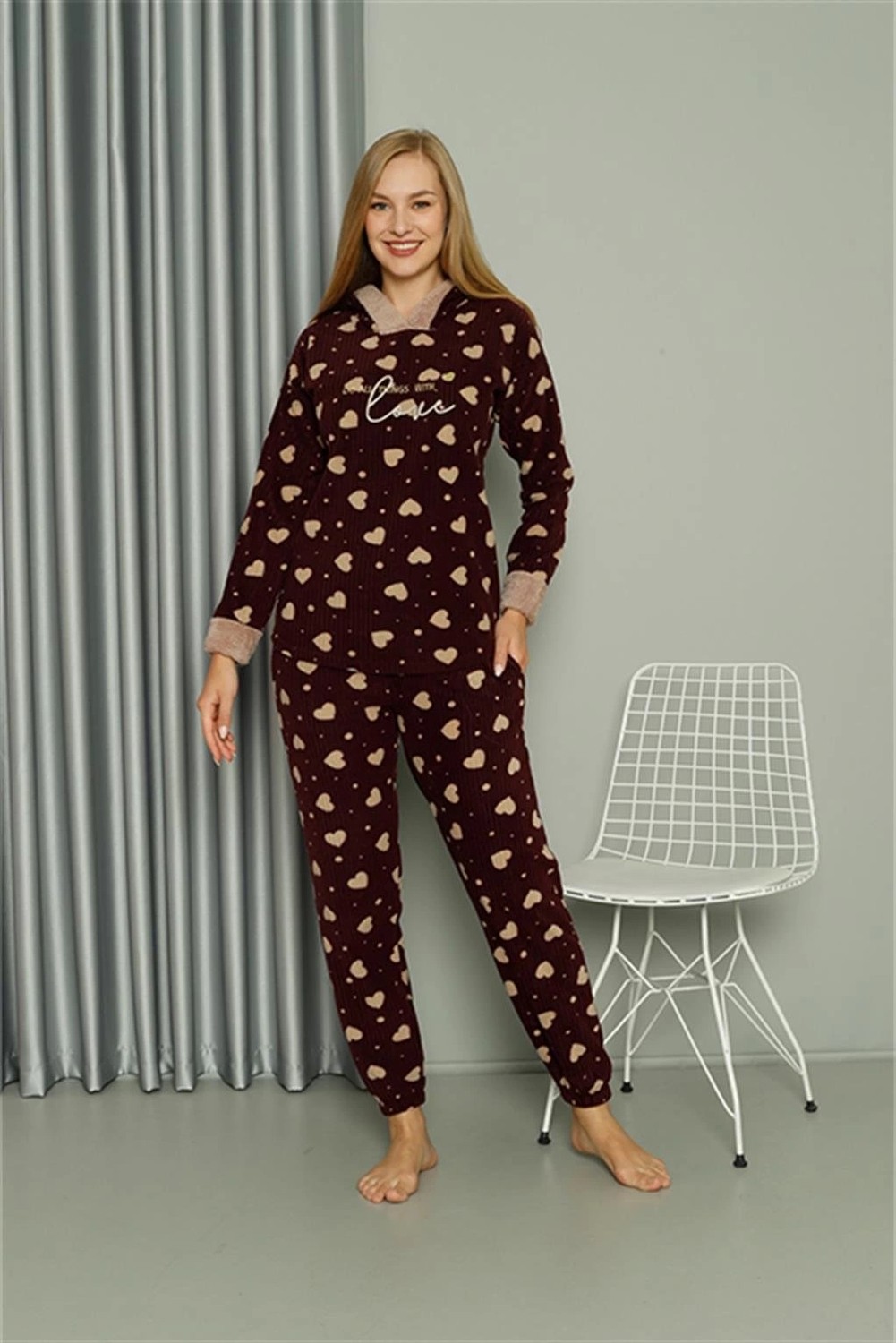 mery Polar Kadın Kapşonlu Pijama Takımı Bordo Mery