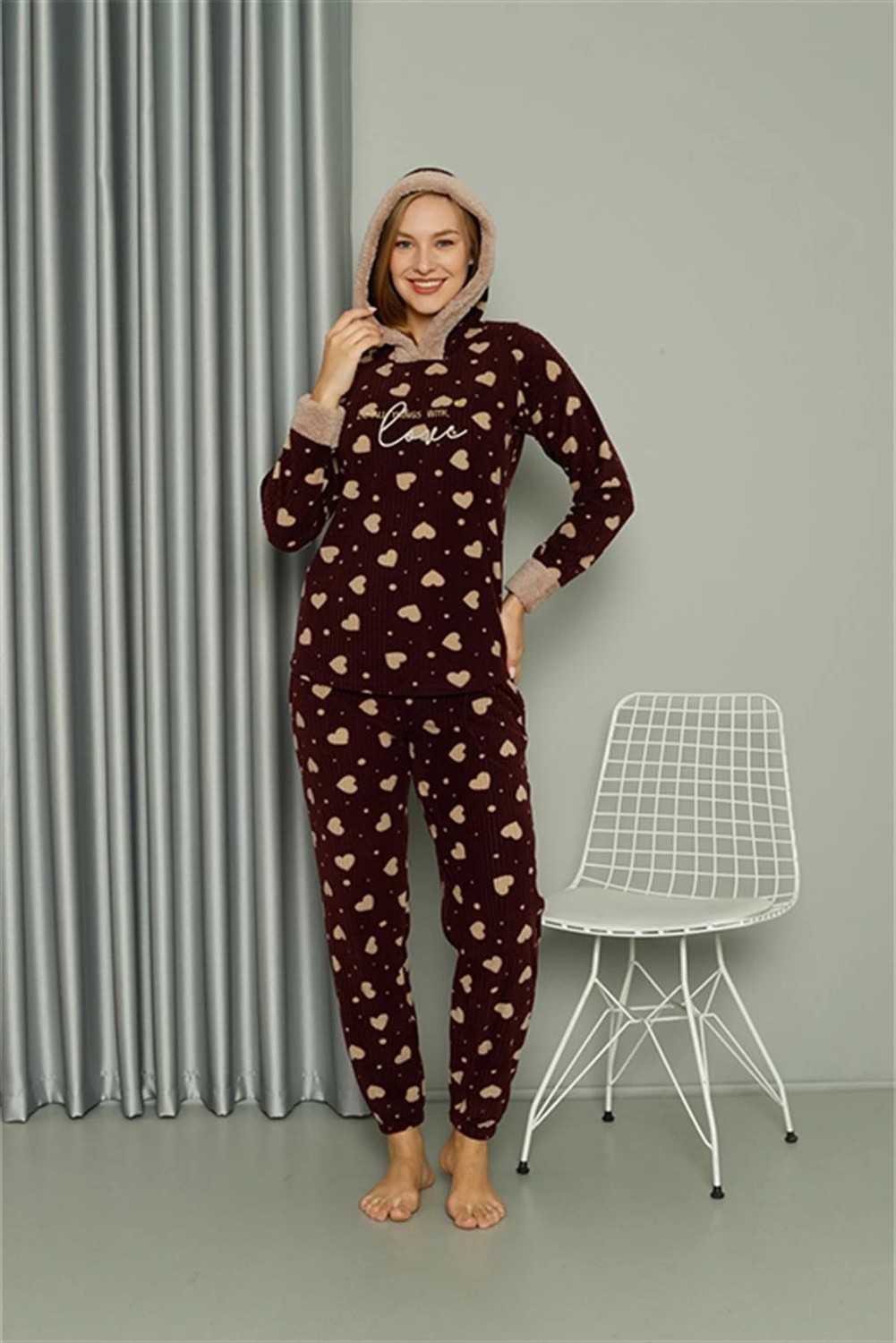 mery Polar Kadın Kapşonlu Pijama Takımı Bordo Mery görsel 2