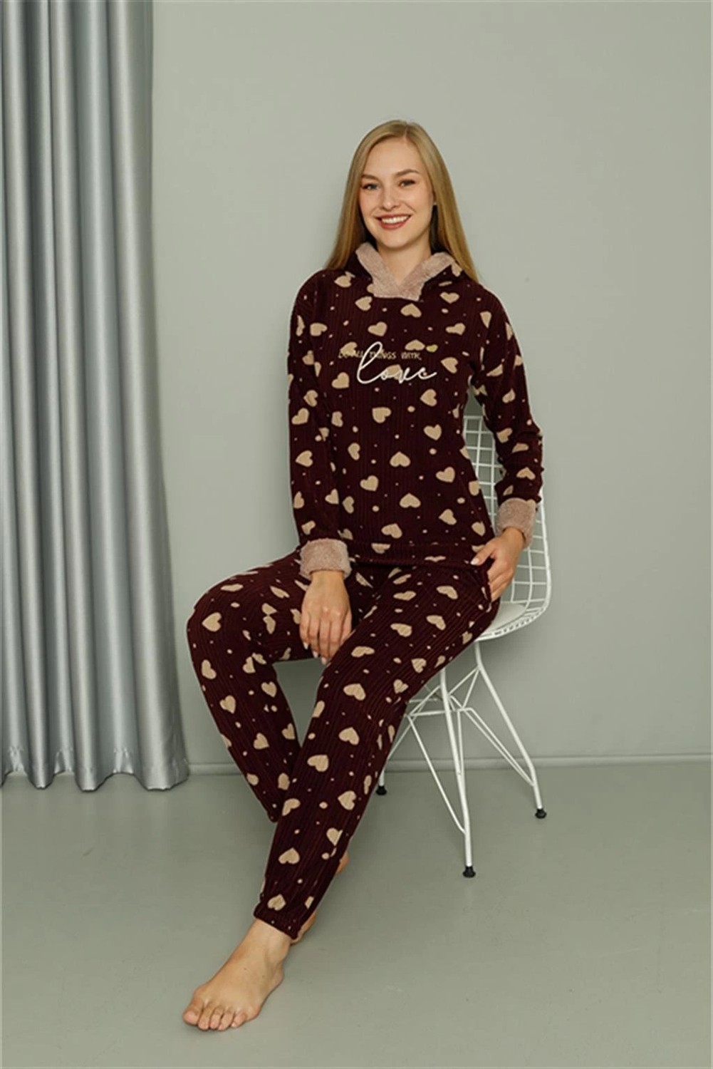 mery Polar Kadın Kapşonlu Pijama Takımı Bordo Mery görsel 3