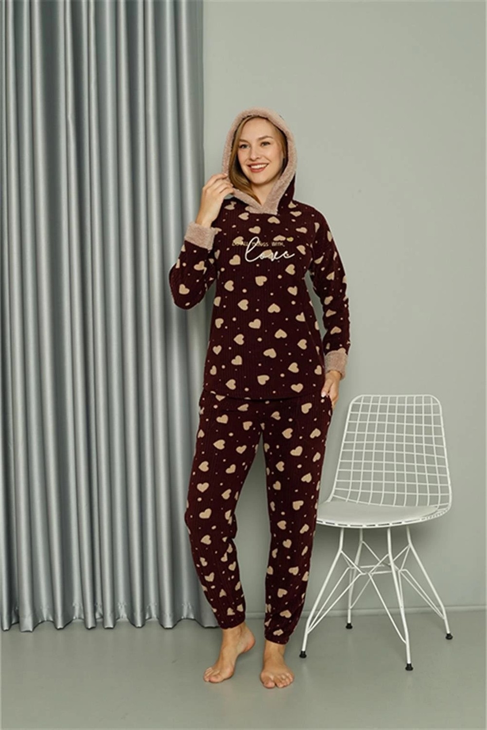 mery Polar Kadın Kapşonlu Pijama Takımı Bordo Mery görsel 4