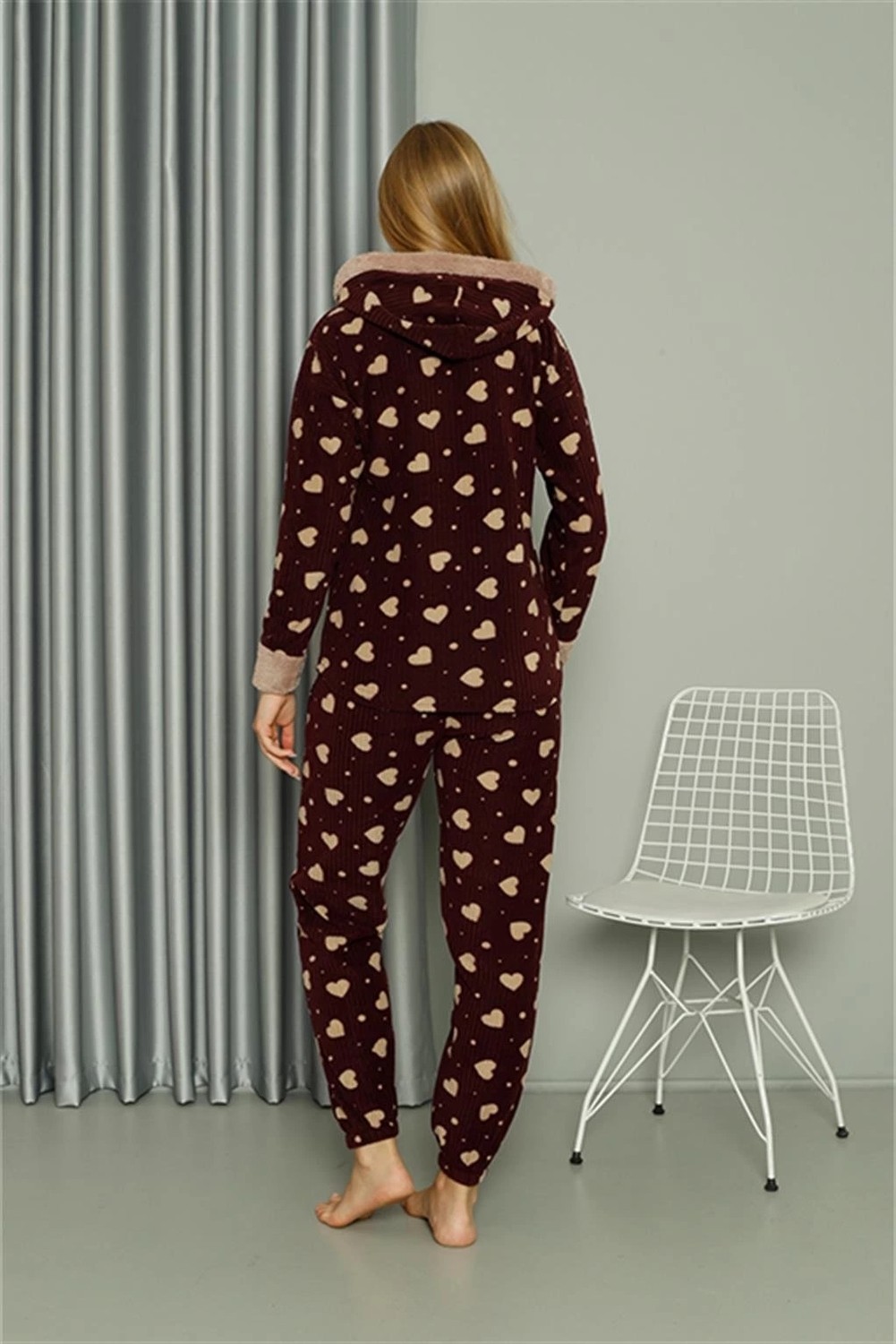 mery Polar Kadın Kapşonlu Pijama Takımı Bordo Mery görsel 5
