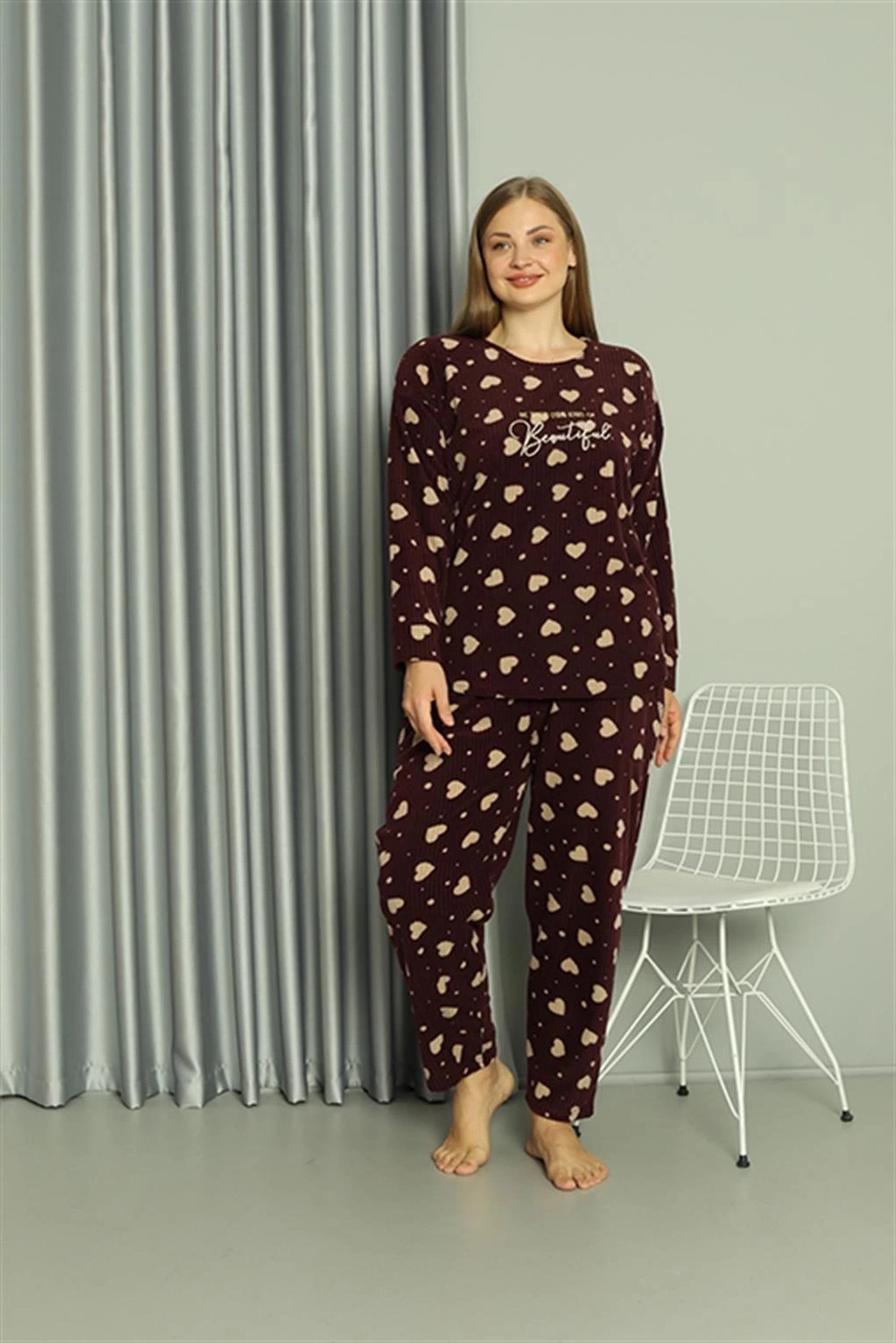 mery Polar Kadın Büyük Beden Pijama Takımı Bordo Mery