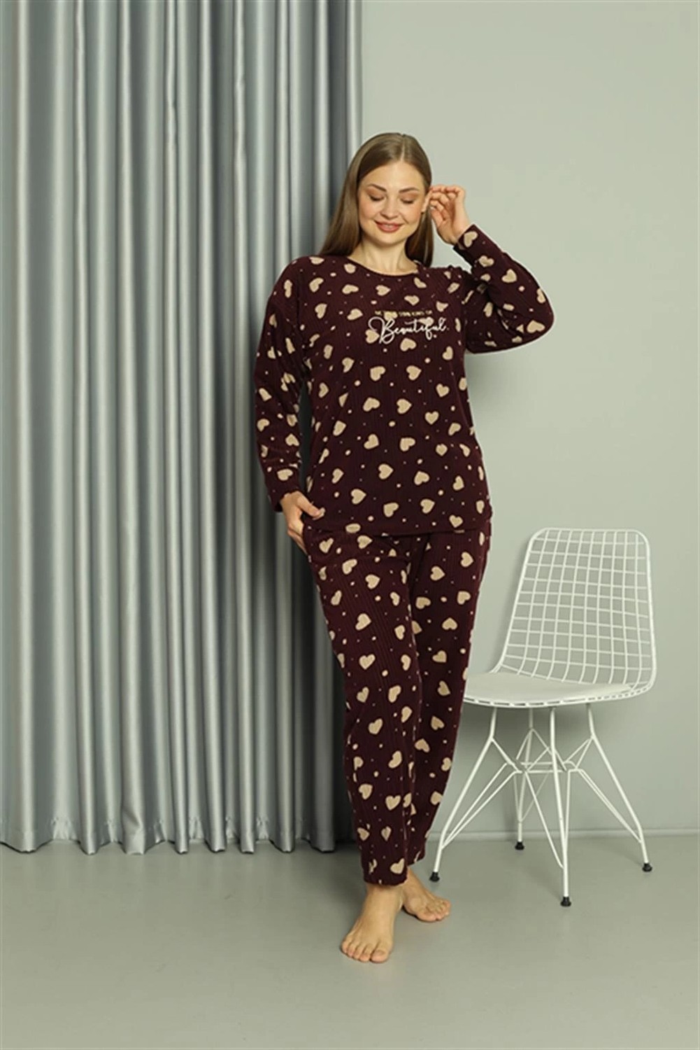 mery Polar Kadın Büyük Beden Pijama Takımı Bordo Mery görsel 2