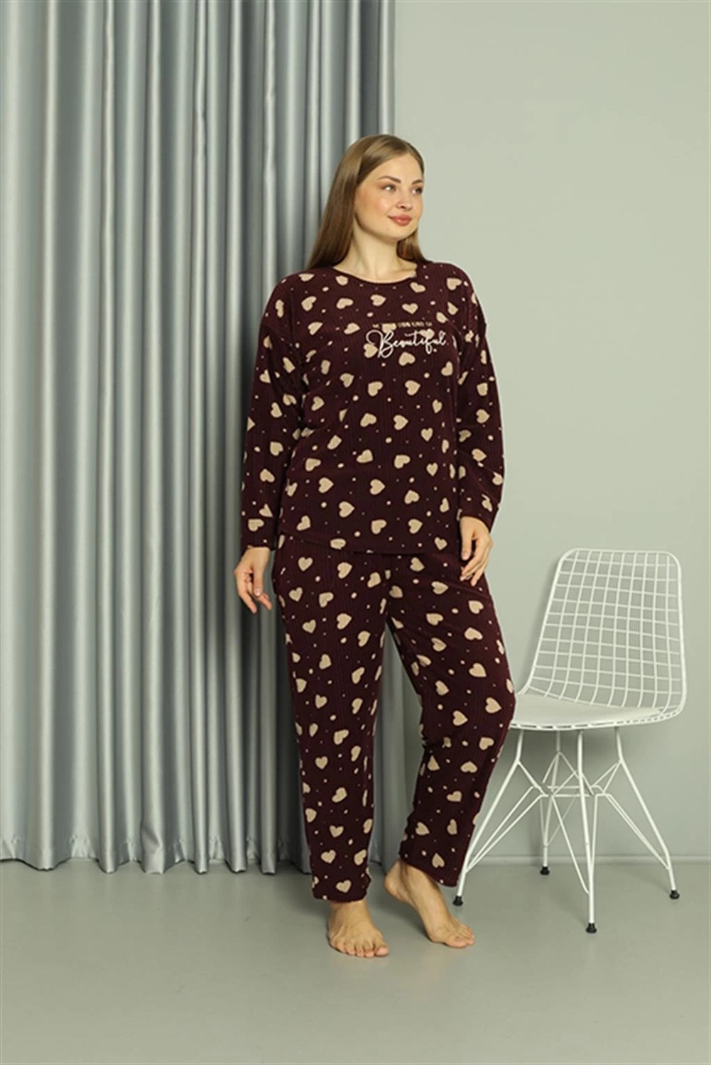 mery Polar Kadın Büyük Beden Pijama Takımı Bordo Mery görsel 3