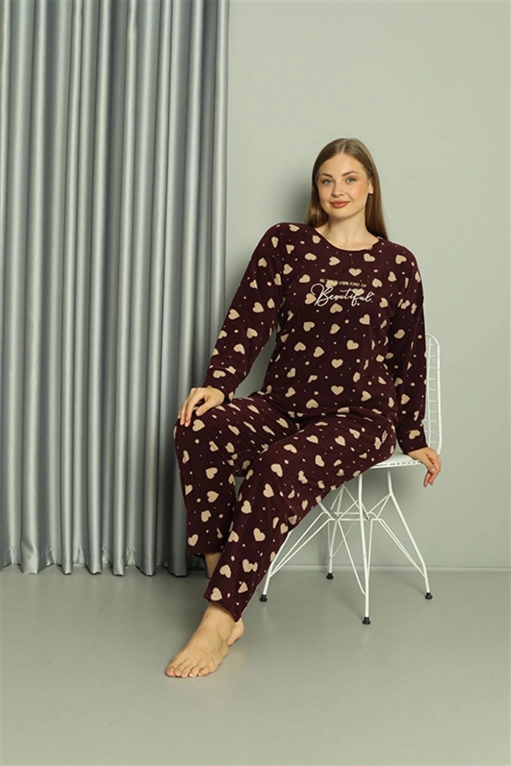 mery Polar Kadın Büyük Beden Pijama Takımı Bordo Mery görsel 4