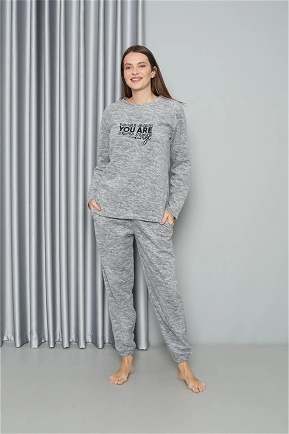 mery Polar Kadın Pijama Takımı Gri Mery