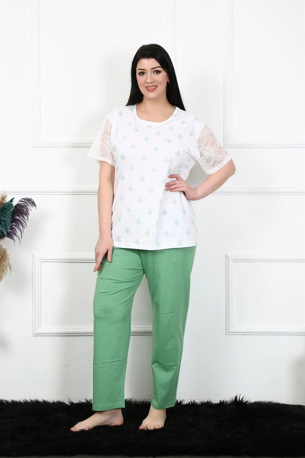 mery Kadın 5xl-6xl-7xl-8xl Büyük Beden Kısa Kol Pijama Takım Beyaz Mery görsel 2