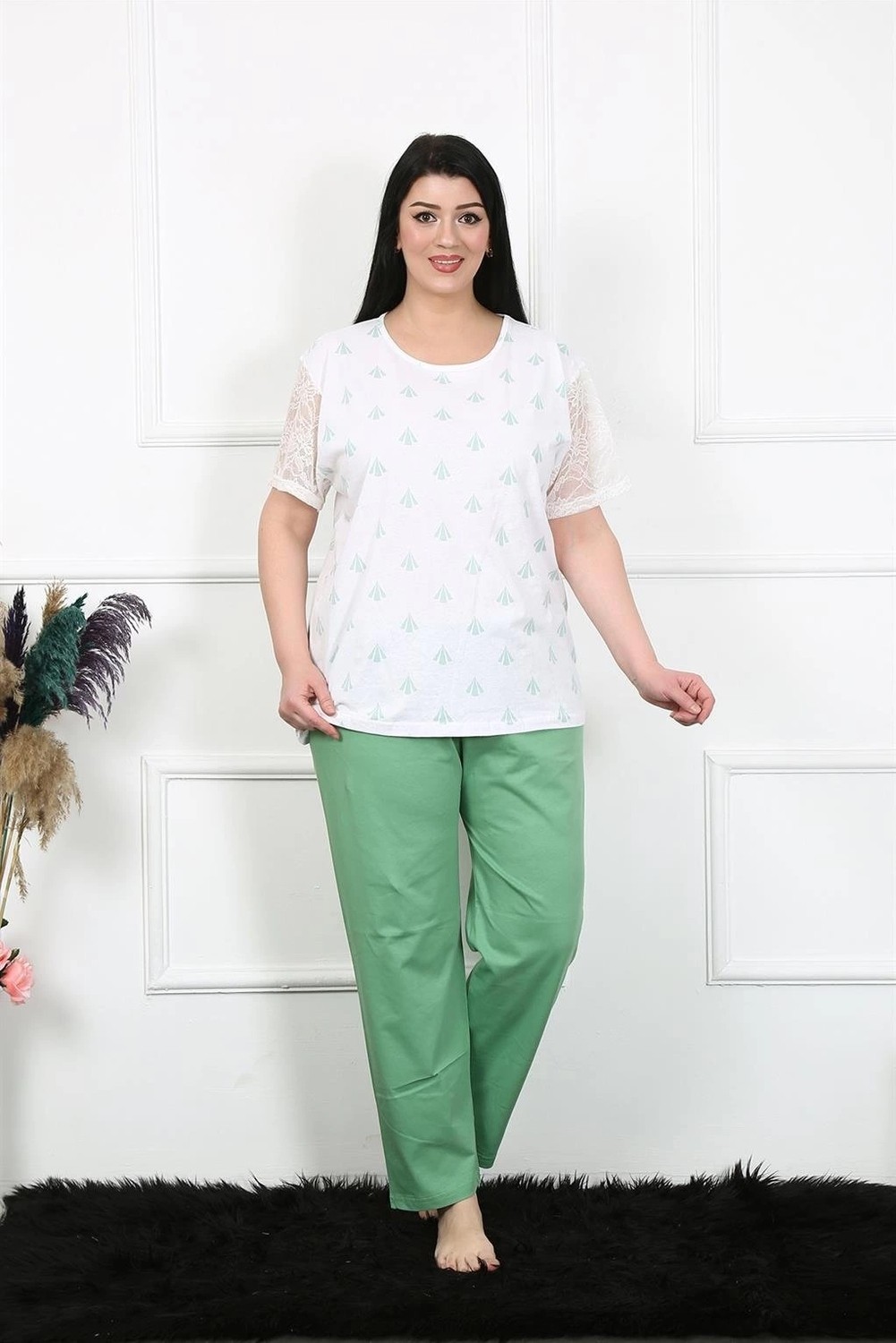 mery Kadın 5xl-6xl-7xl-8xl Büyük Beden Kısa Kol Pijama Takım Beyaz Mery görsel 3