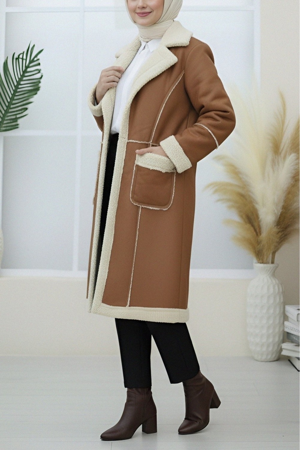 Moda Morfo İçi Peluşlu Çıtçıtlı Cepli Deri Mont -Vizon