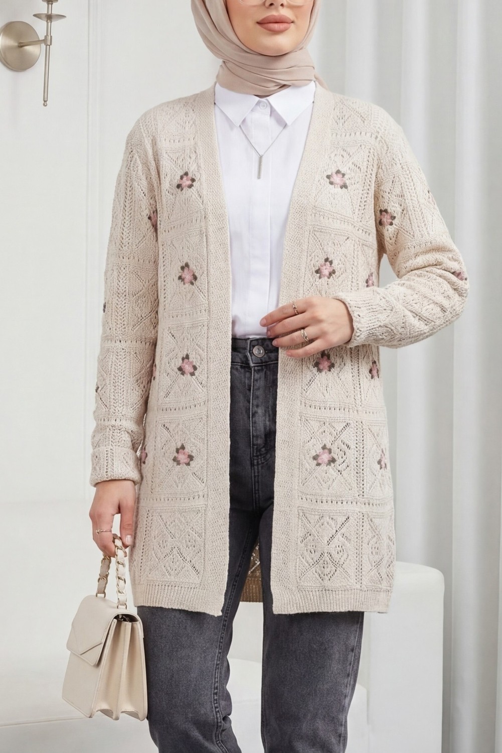 Moda Morfo Ajurlu Nakışlı Hırka -Taş görsel 2