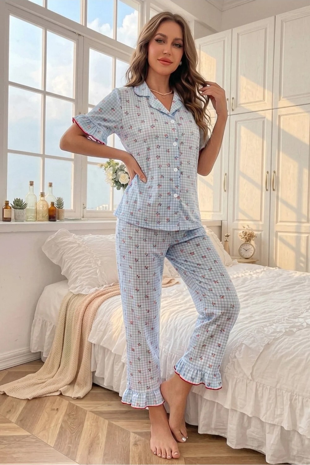 Bella Notte Mavi Soft Kiraz Desenli Kısa Kollu Yazlık Pijama Takımı görsel 3