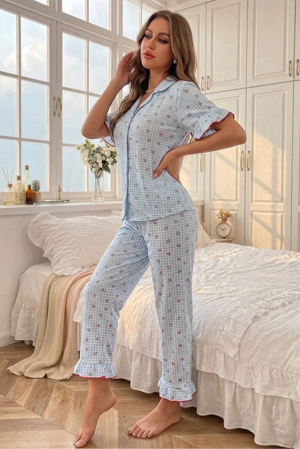 Bella Notte Mavi Soft Kiraz Desenli Kısa Kollu Yazlık Pijama Takımı görsel 4