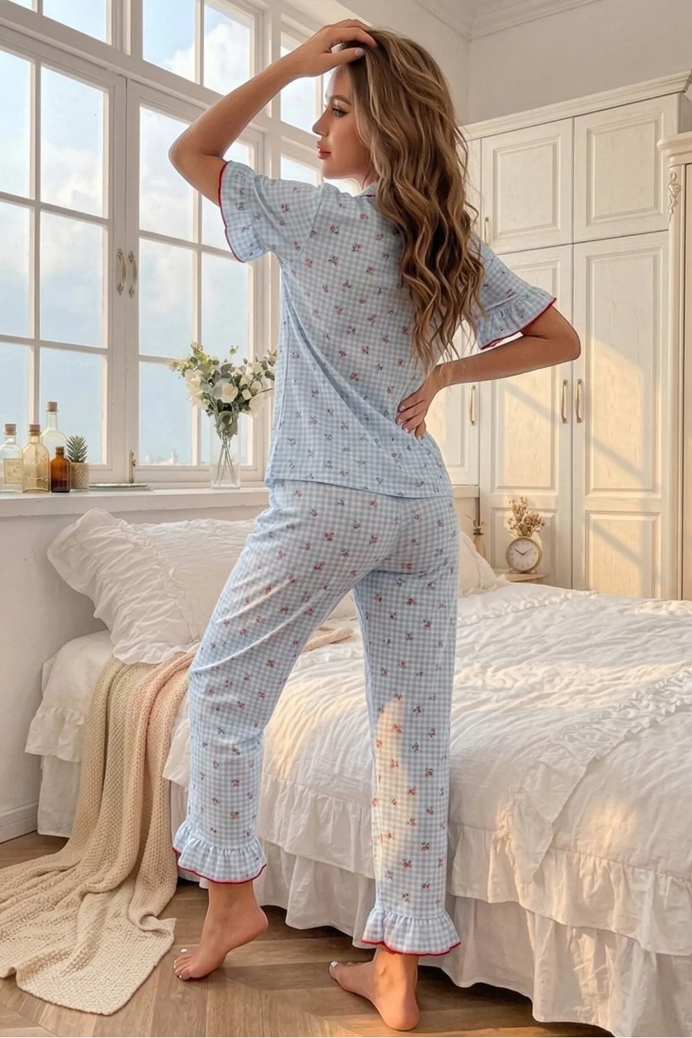 Bella Notte Mavi Soft Kiraz Desenli Kısa Kollu Yazlık Pijama Takımı görsel 5