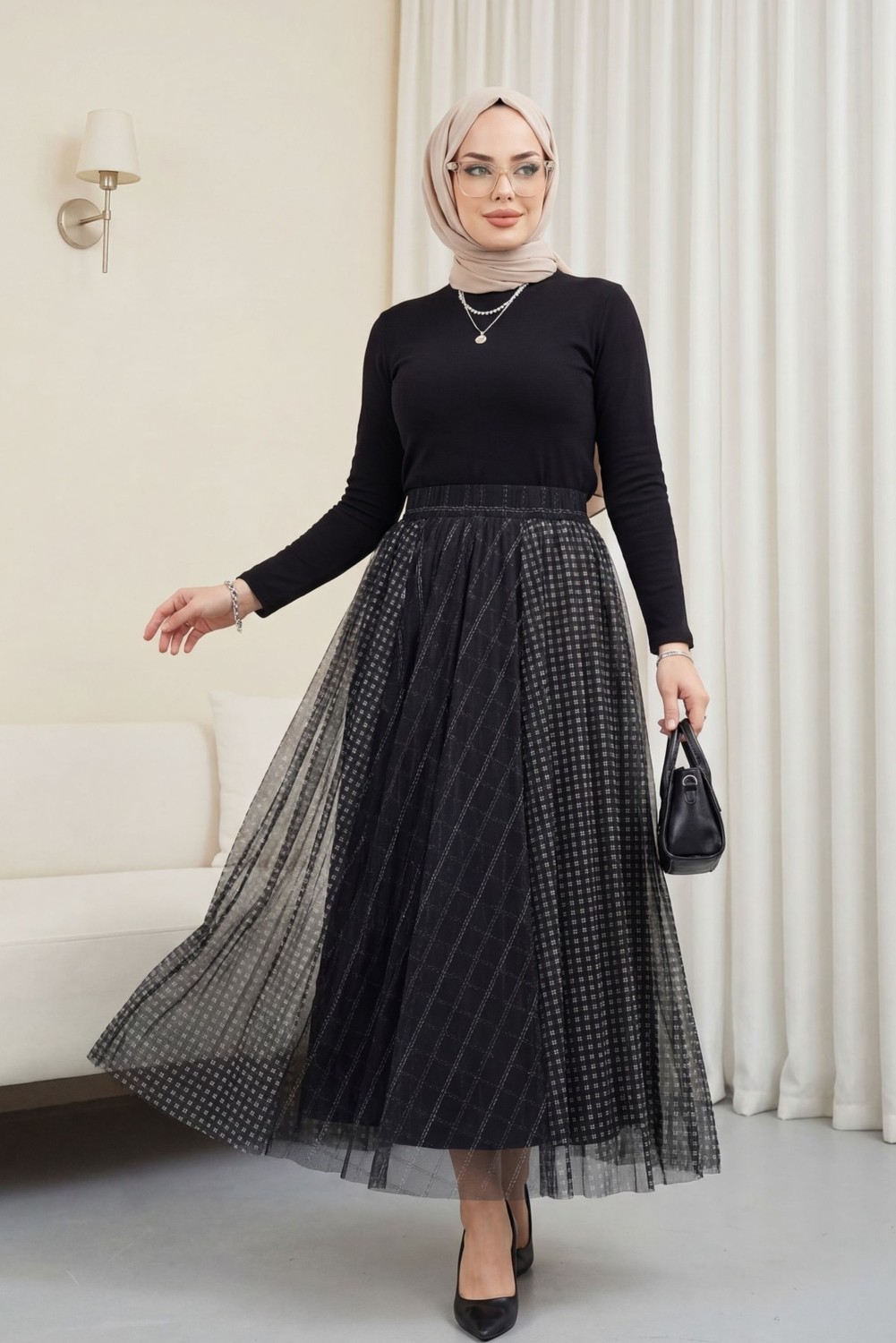 Moda Morfo Kare Desen Beli Lastikli Astarlı Tül Etek -Siyah görsel 3