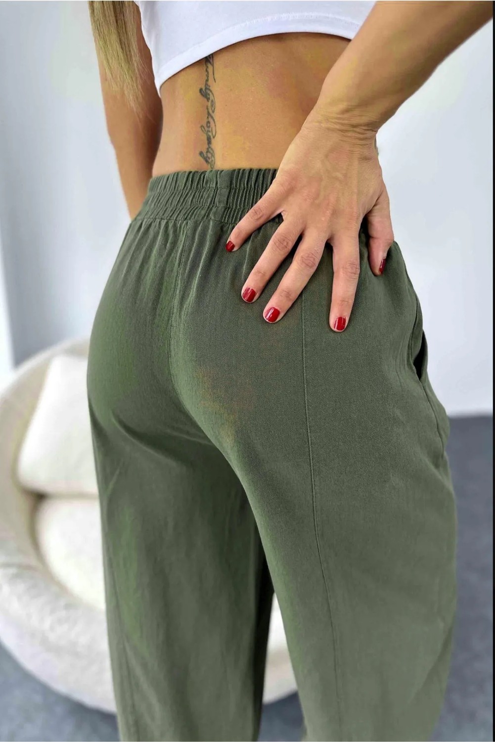 Nana & Mayka Moda Die&More Kadın Haki Şalvar Pantolon Salaş Dört Mevsim Rahat Pamuk Lastikli Bel Günlük Model Gabardin görsel 4