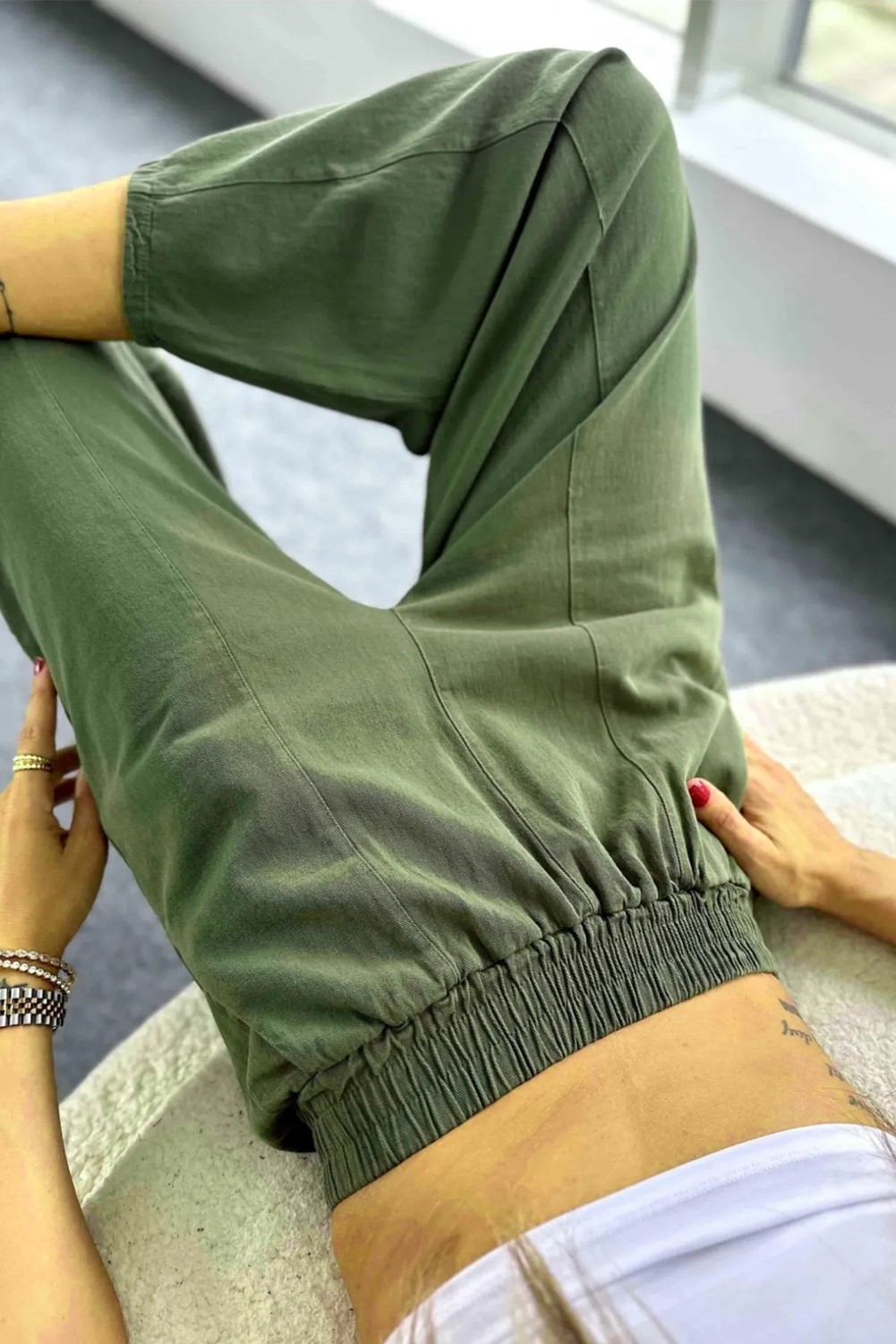 Nana & Mayka Moda Die&More Kadın Haki Şalvar Pantolon Salaş Dört Mevsim Rahat Pamuk Lastikli Bel Günlük Model Gabardin görsel 5
