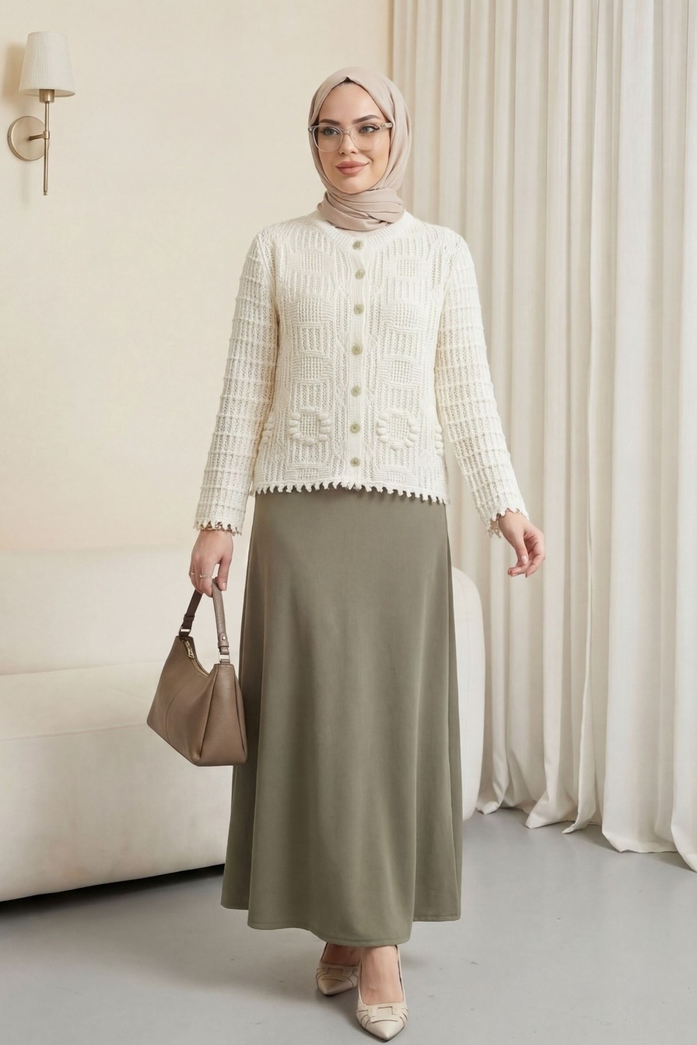 Moda Morfo Oval Desen Ajurlu Düğmeli Triko Hırka -Ekru görsel 2