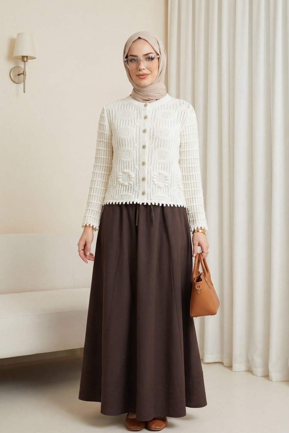 Moda Morfo Oval Desen Ajurlu Düğmeli Triko Hırka -Ekru görsel 4
