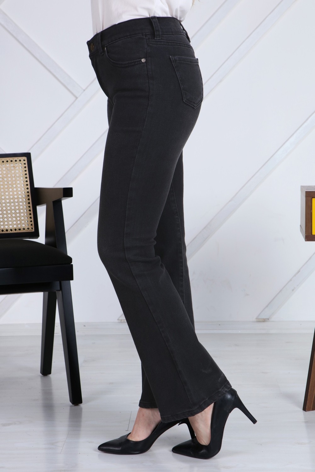Gül Moda Antrasit Ispanyol Paça Likralı Yüksek Bel Kot Pantolon Jeans G00IPSI görsel 3