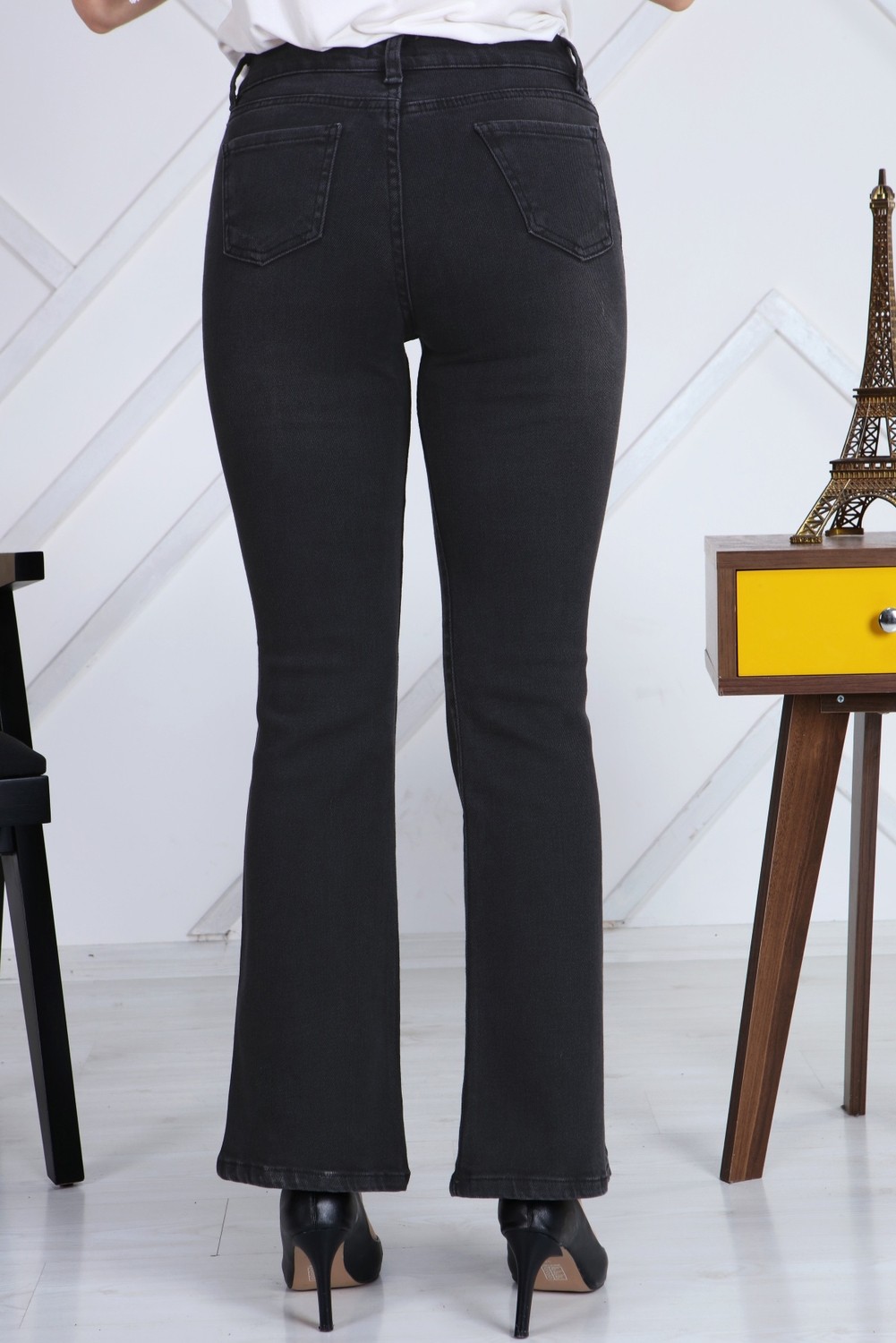 Gül Moda Antrasit Ispanyol Paça Likralı Yüksek Bel Kot Pantolon Jeans G00IPSI görsel 4