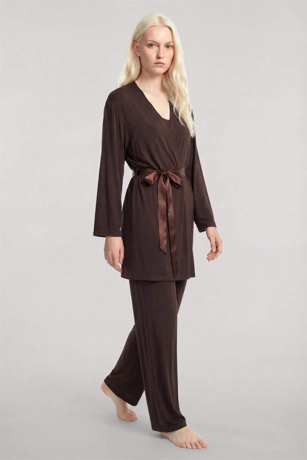 Marsilyan ™- Yumuşak Dokulu Dökümlü Kısa Kimono Kahve