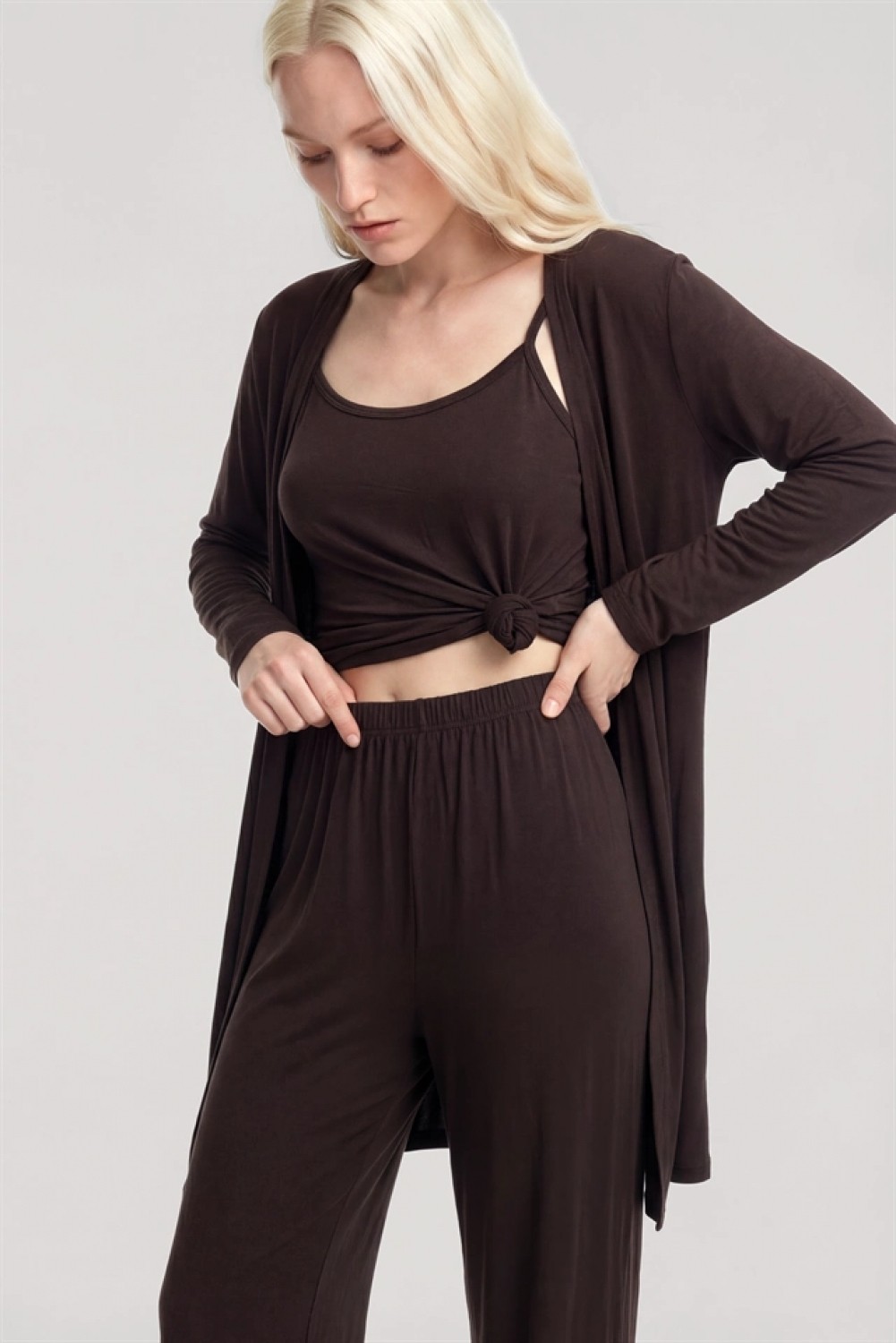 Marsilyan ™- Yumuşak Dokulu Dökümlü Kısa Kimono Kahve görsel 2