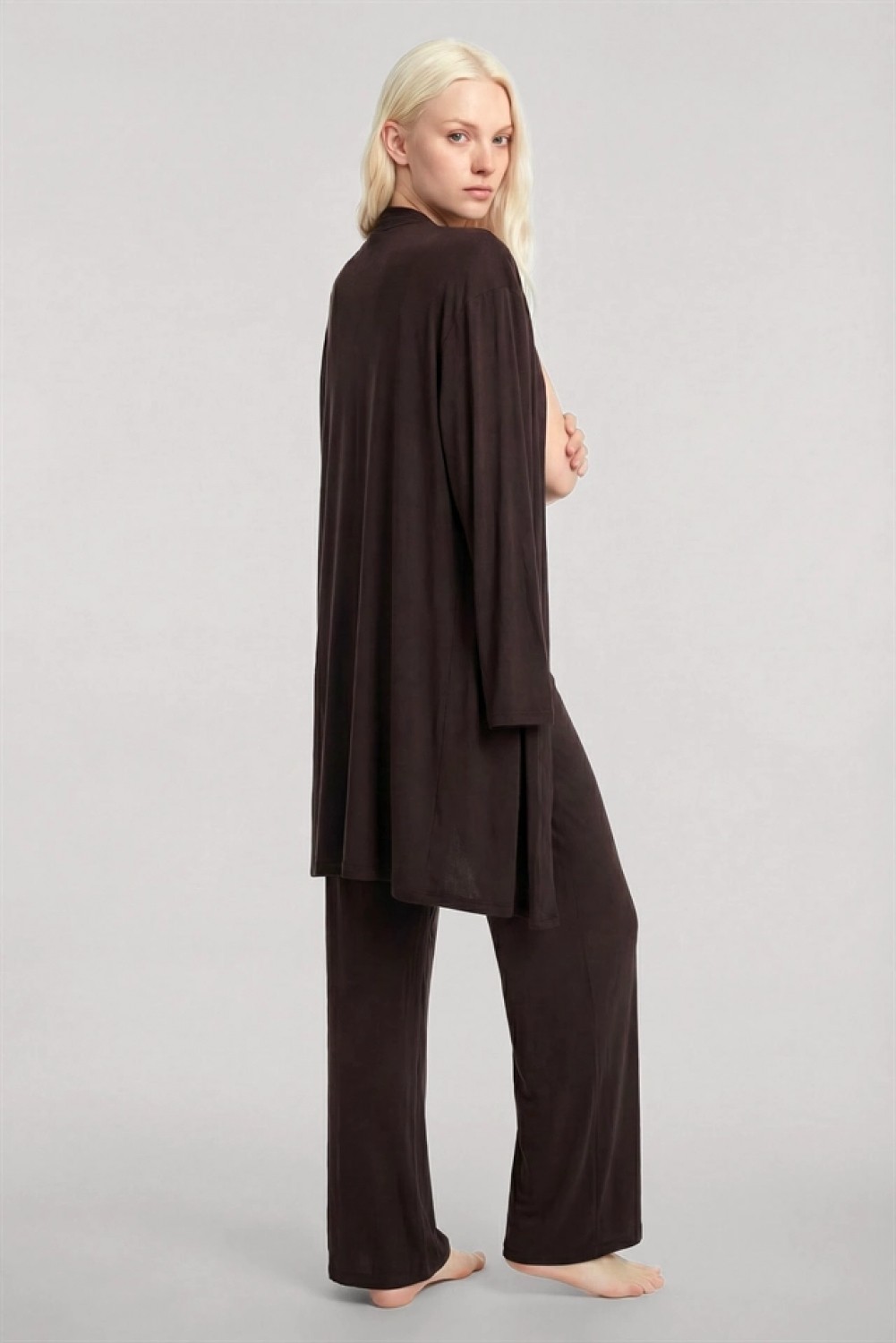 Marsilyan ™- Yumuşak Dokulu Dökümlü Kısa Kimono Kahve görsel 4
