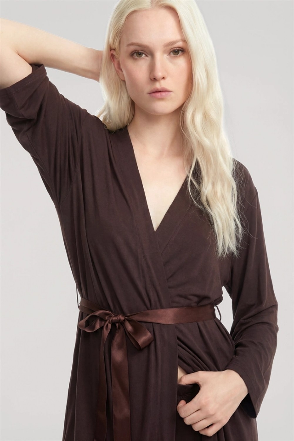 Marsilyan ™- Yumuşak Dokulu Dökümlü Kısa Kimono Kahve görsel 5