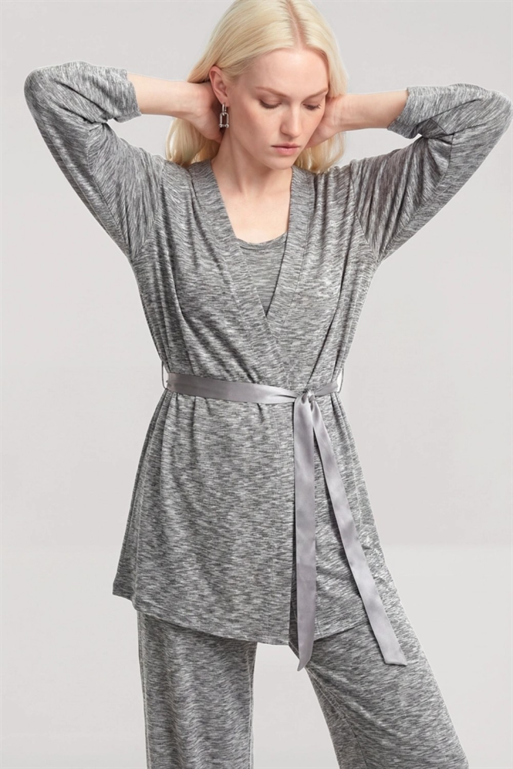 Marsilyan ™- Yumuşak Dokulu Dökümlü Kısa Kimono Gri Melanj görsel 2