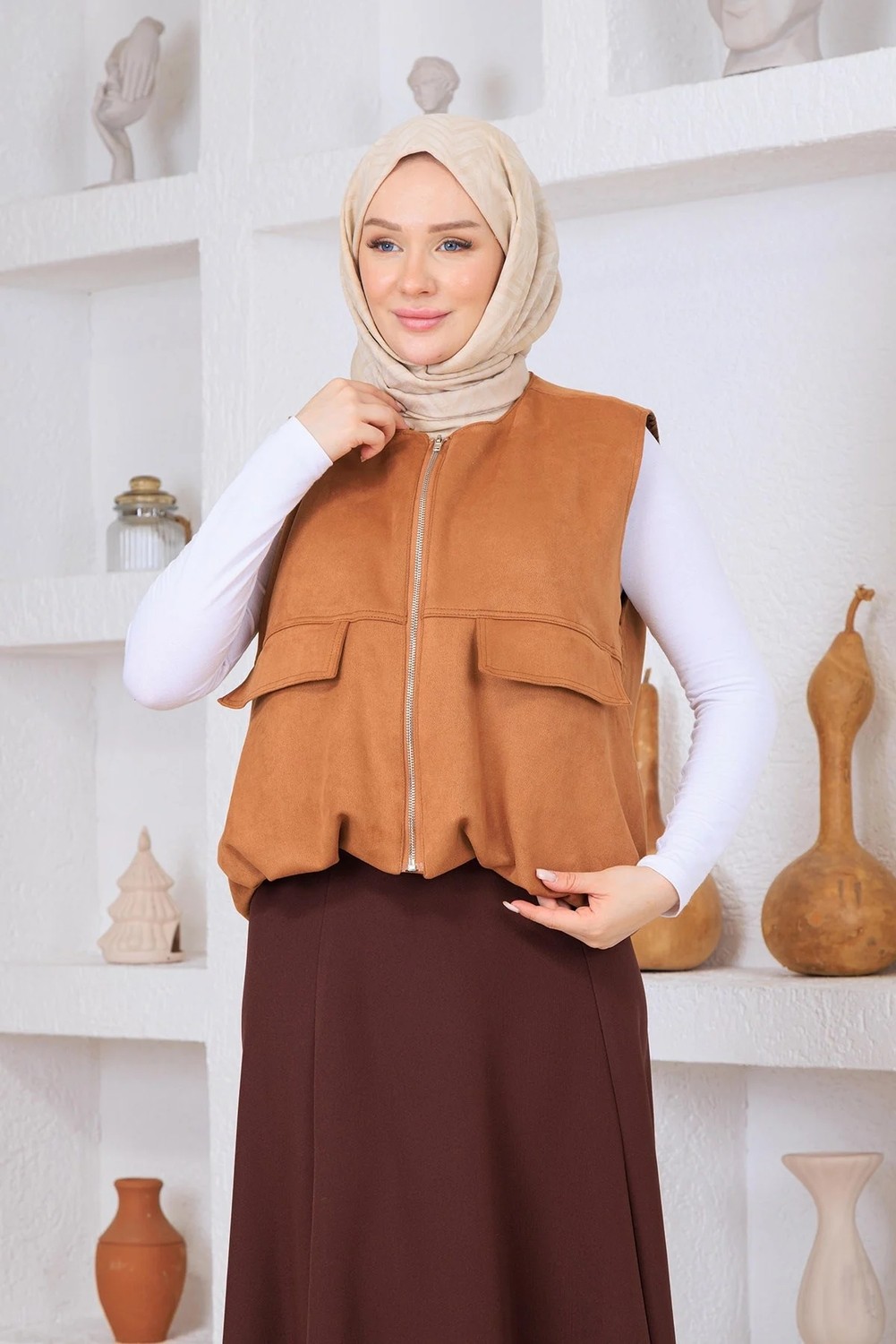 Esma Gündoğdu Süet Yelek Camel