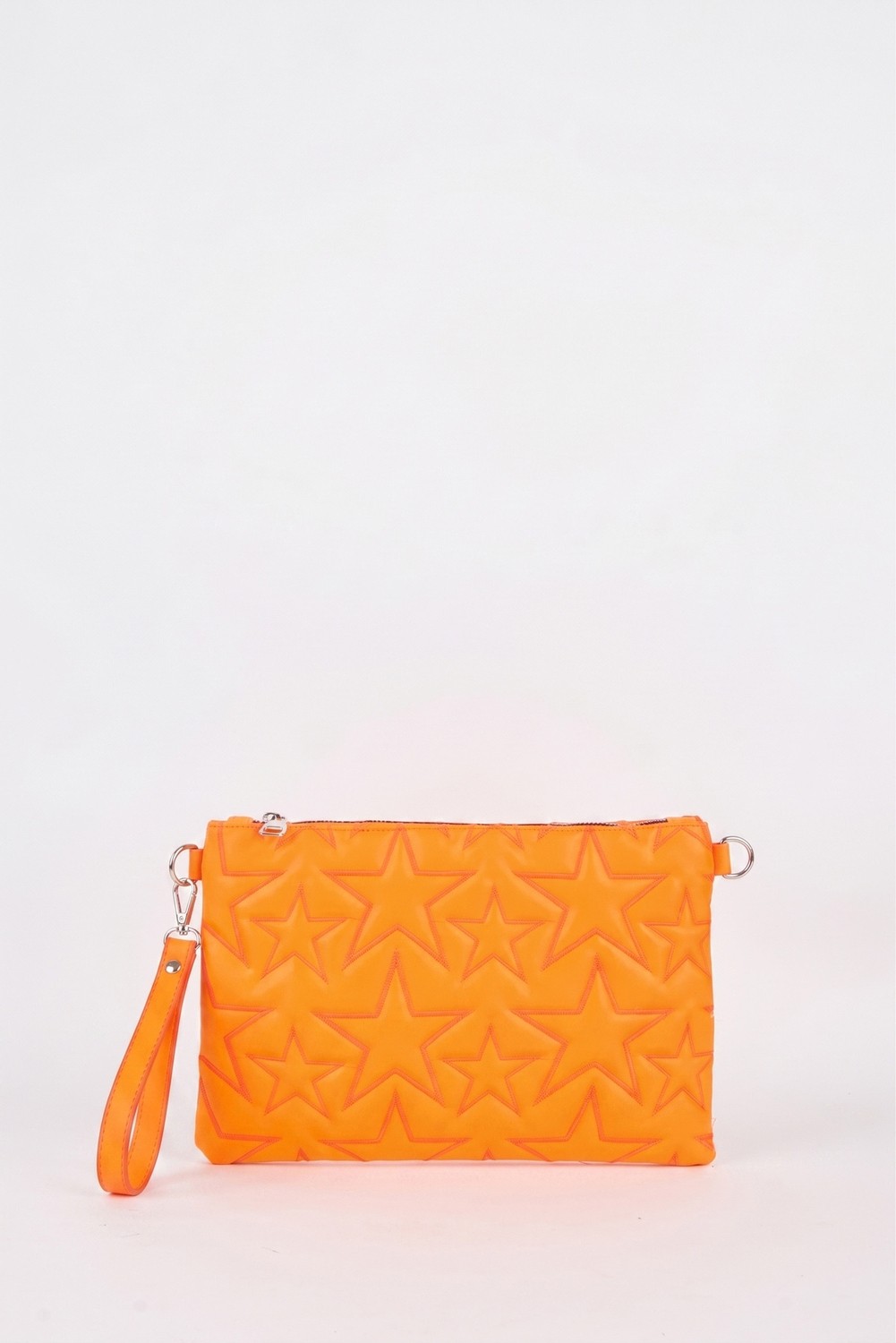 Vivaq Kadın Neon Turuncu Yıldız Nakışlı Suni Deri Bilek ve Zincir Askılı Portföy El ve Clutch Çanta