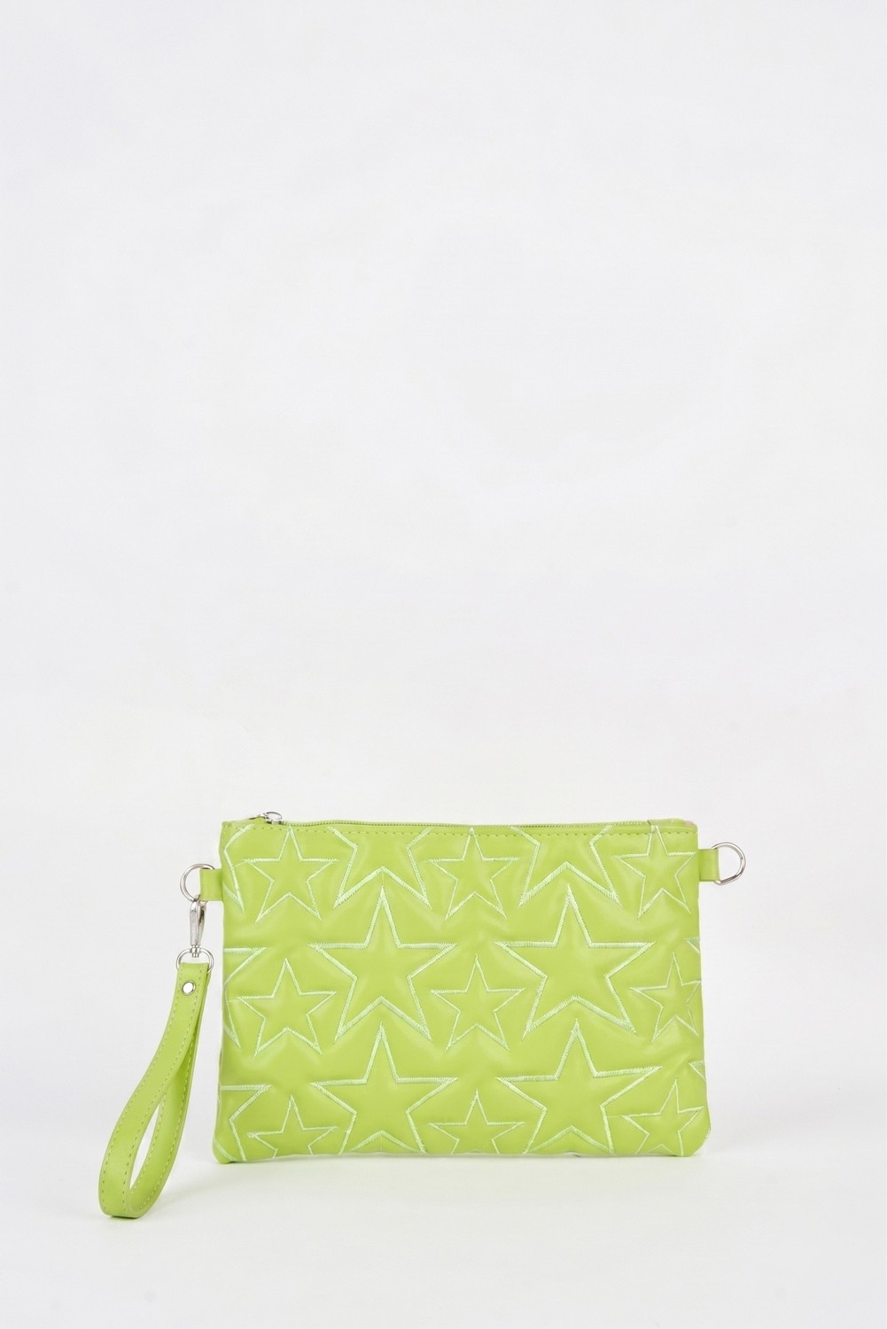 Vivaq Kadın Neon Yeşil Yıldız Nakışlı Suni Deri Bilek ve Zincir Askılı Portföy El ve Clutch Çanta