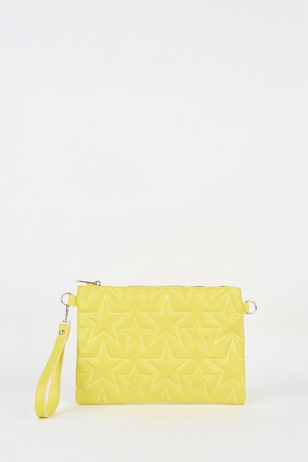 Vivaq Kadın Neon Sarı Yıldız Nakışlı Suni Deri Bilek ve Zincir Askılı Portföy El ve Clutch Çanta