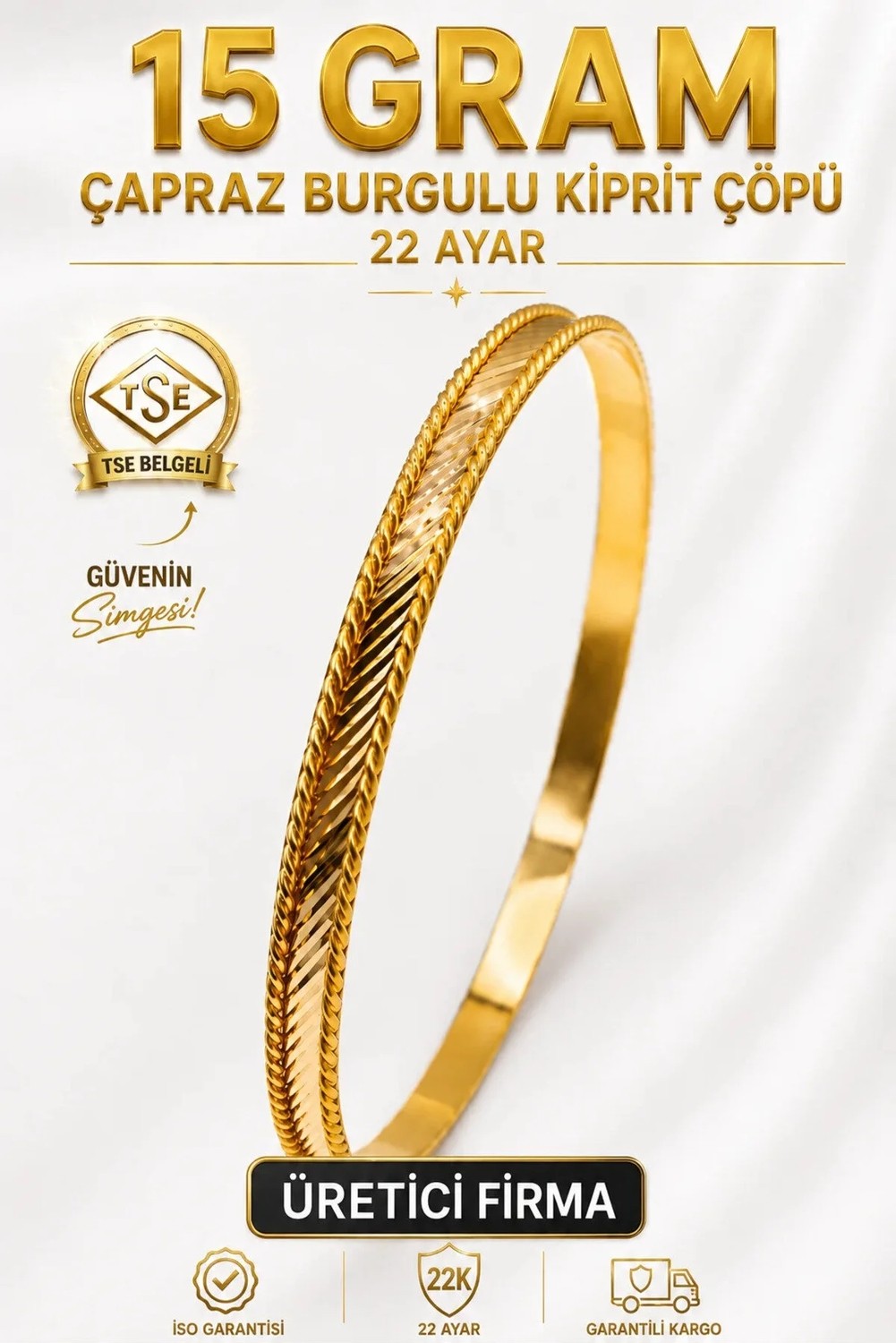 Aks Gold 22 Ayar Tse Belgeli (15 Gram) Çapraz Burgulu Kiprit Çöpü Ajda Altın Bilezik Gold Düğün Nişan
